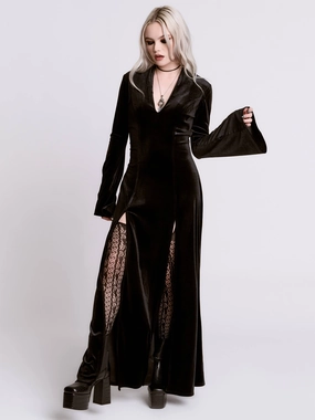 Flattering Waist Design Functional Fit Black Lodge Velvet Dress