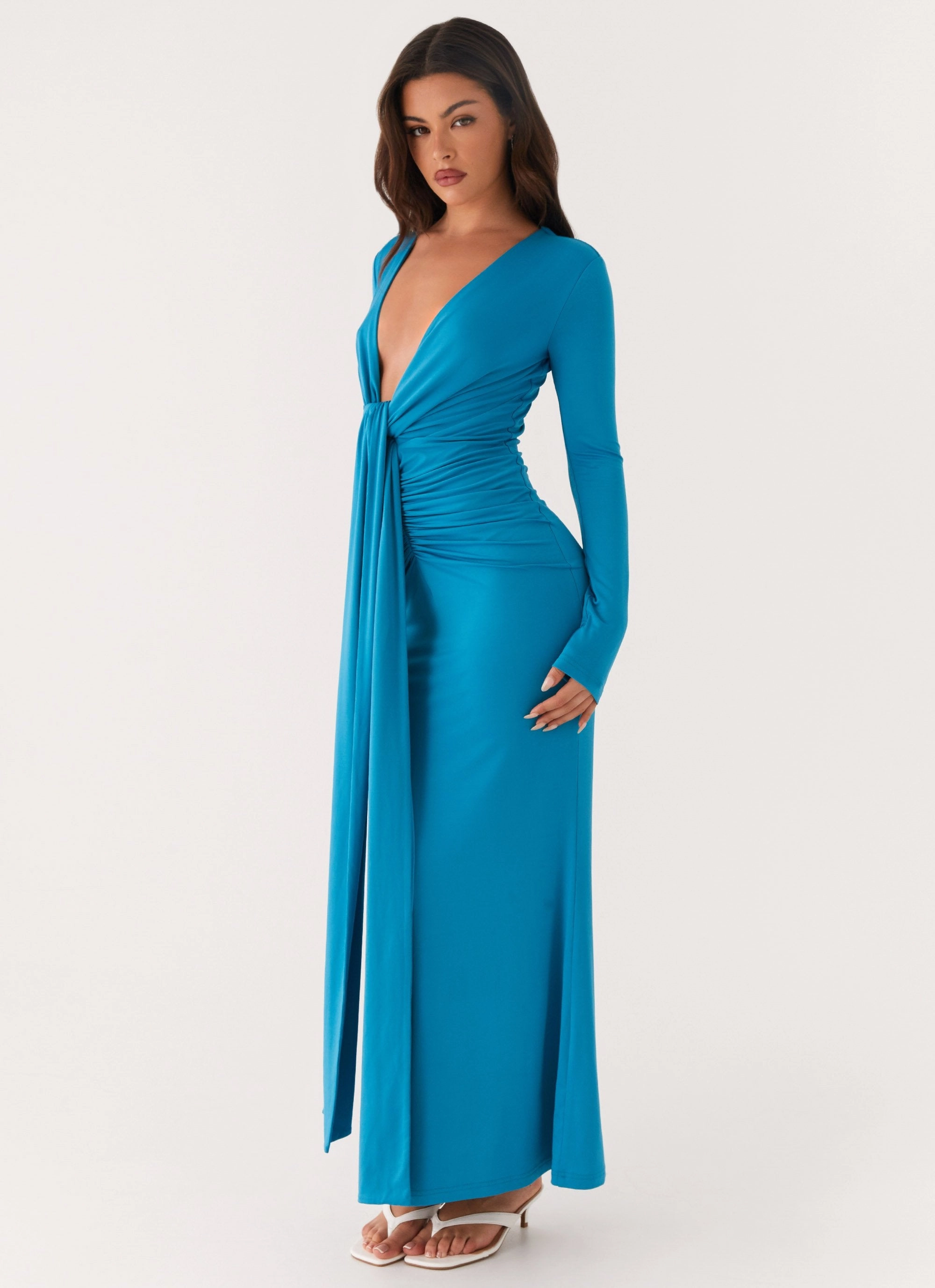 Satin Fabric Street Motion Miesha Long Sleeve Maxi Dress - Blue