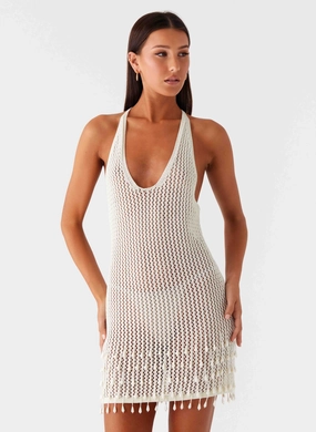 Pearl Shore Beaded Crochet Mini Dress - Ivory EcoFriendlyDye Classic Touch