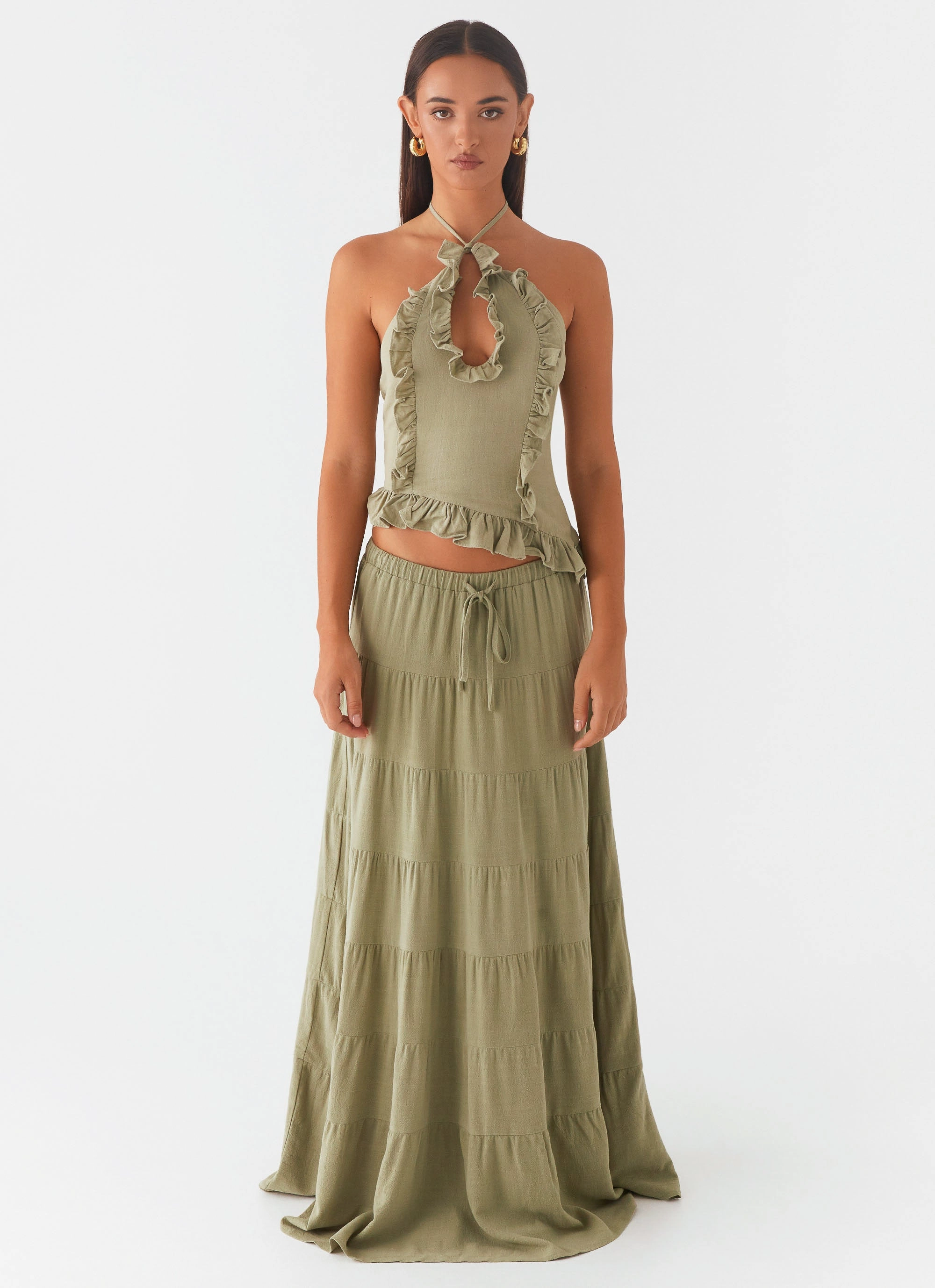Outfit Mix perforated design Mariella Linen Maxi Skirt - Sage