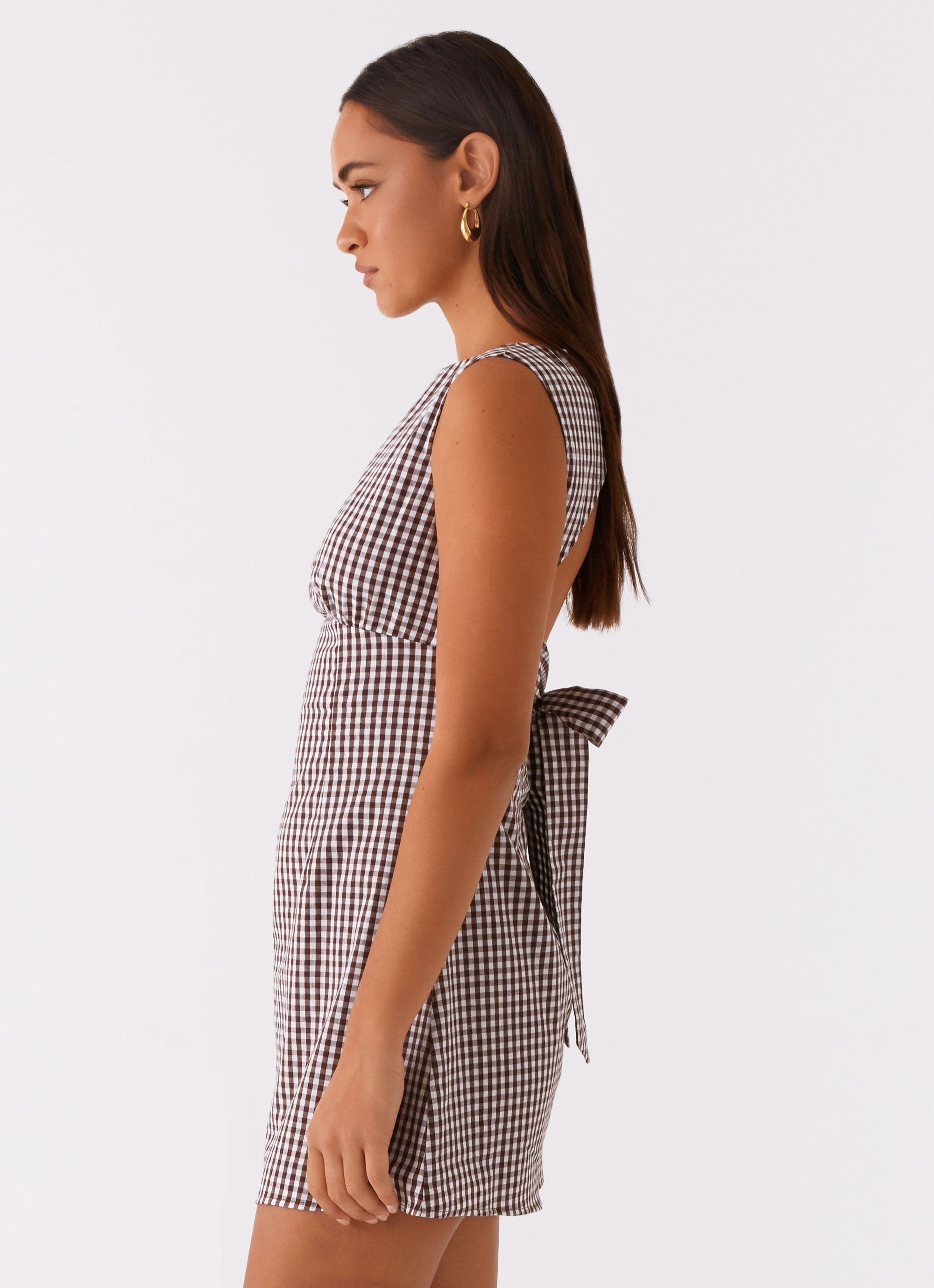 tailored look Lotus Tie Back Mini Dress - Chocolate Gingham