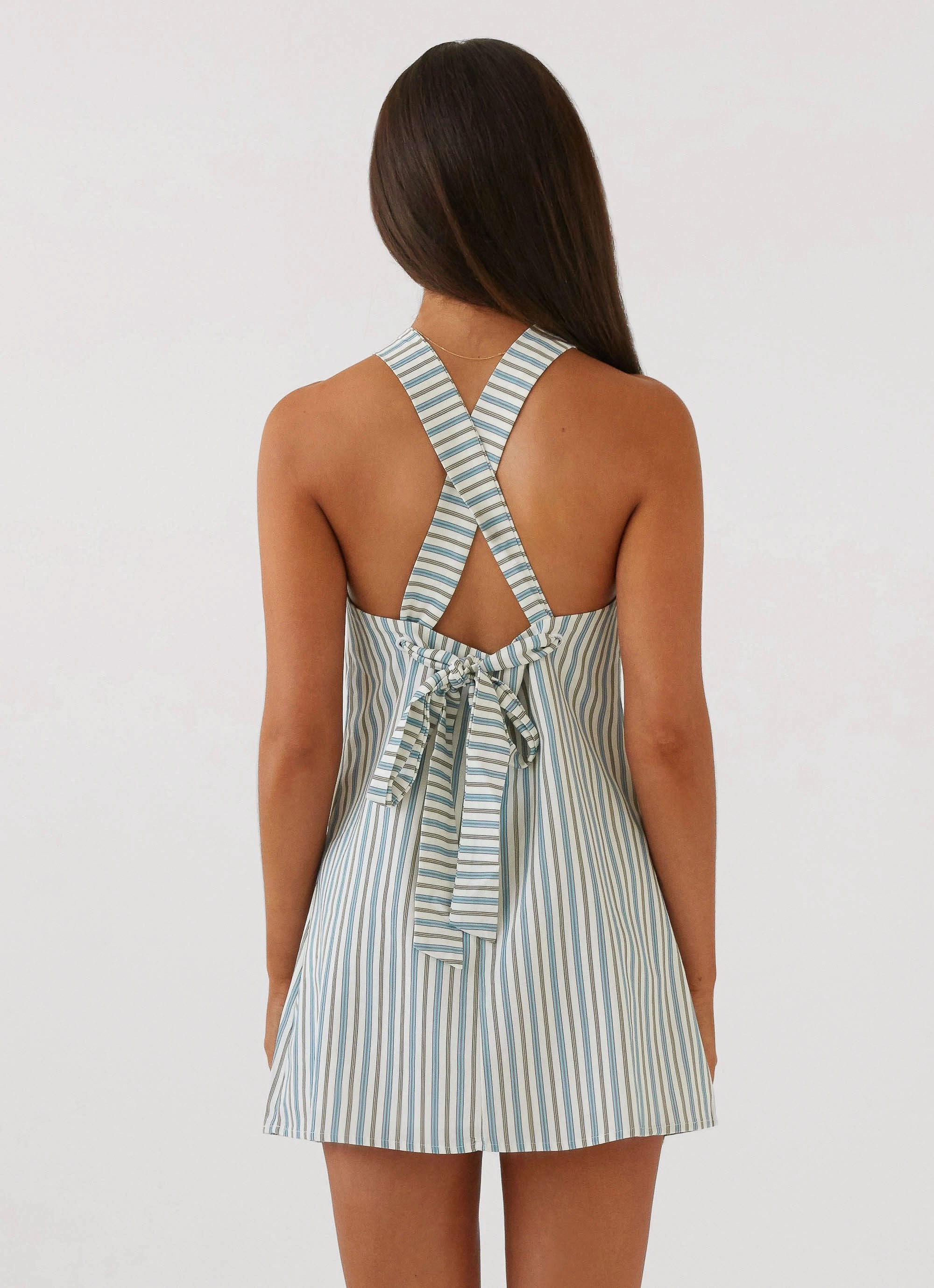 Keira Linen Mini Dress - Blue Choc Stripe Flattering Look Wear