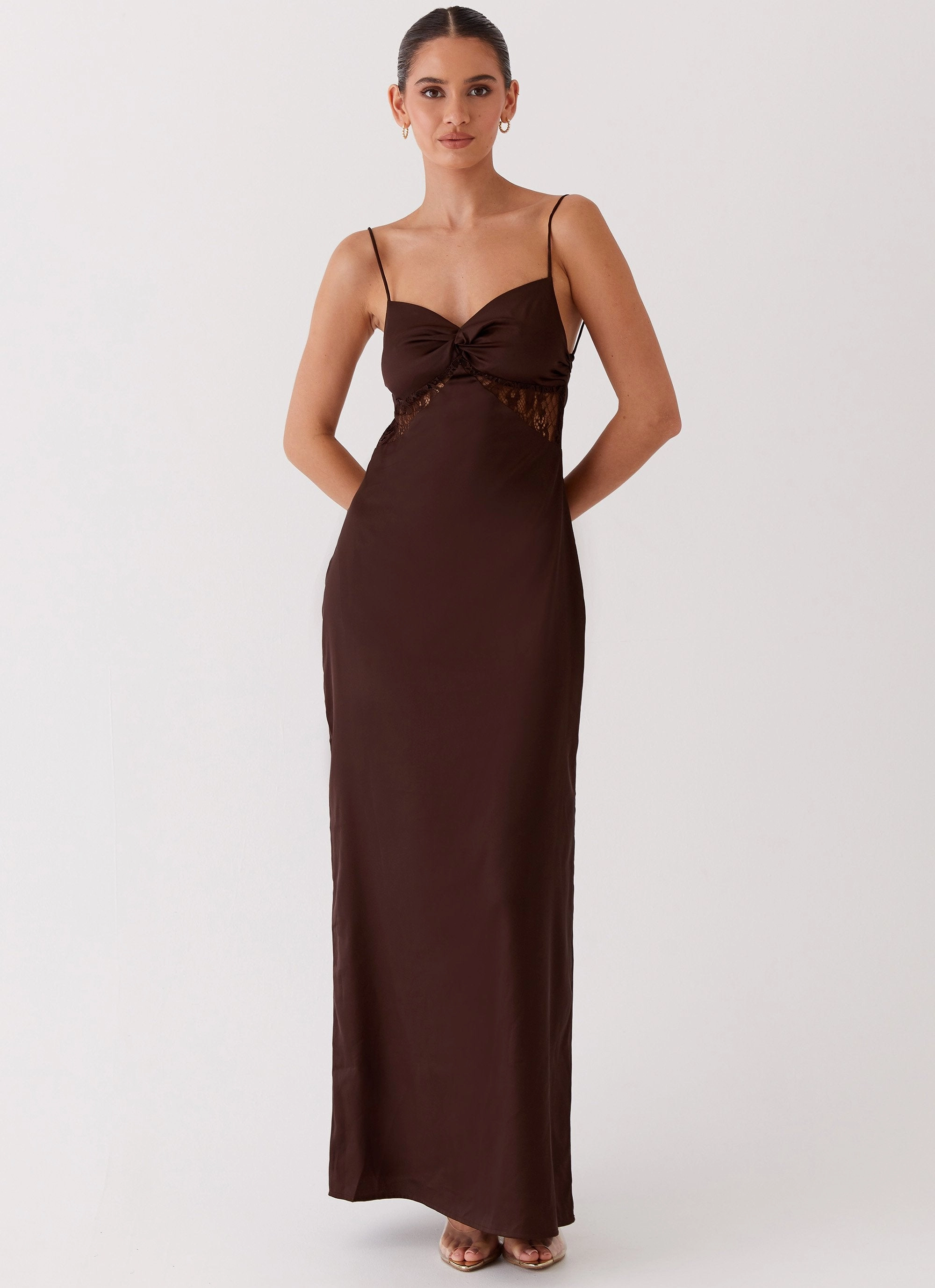 Event Mood Lounge Style Dream Sight Lace Satin Maxi Dress - Chocolate