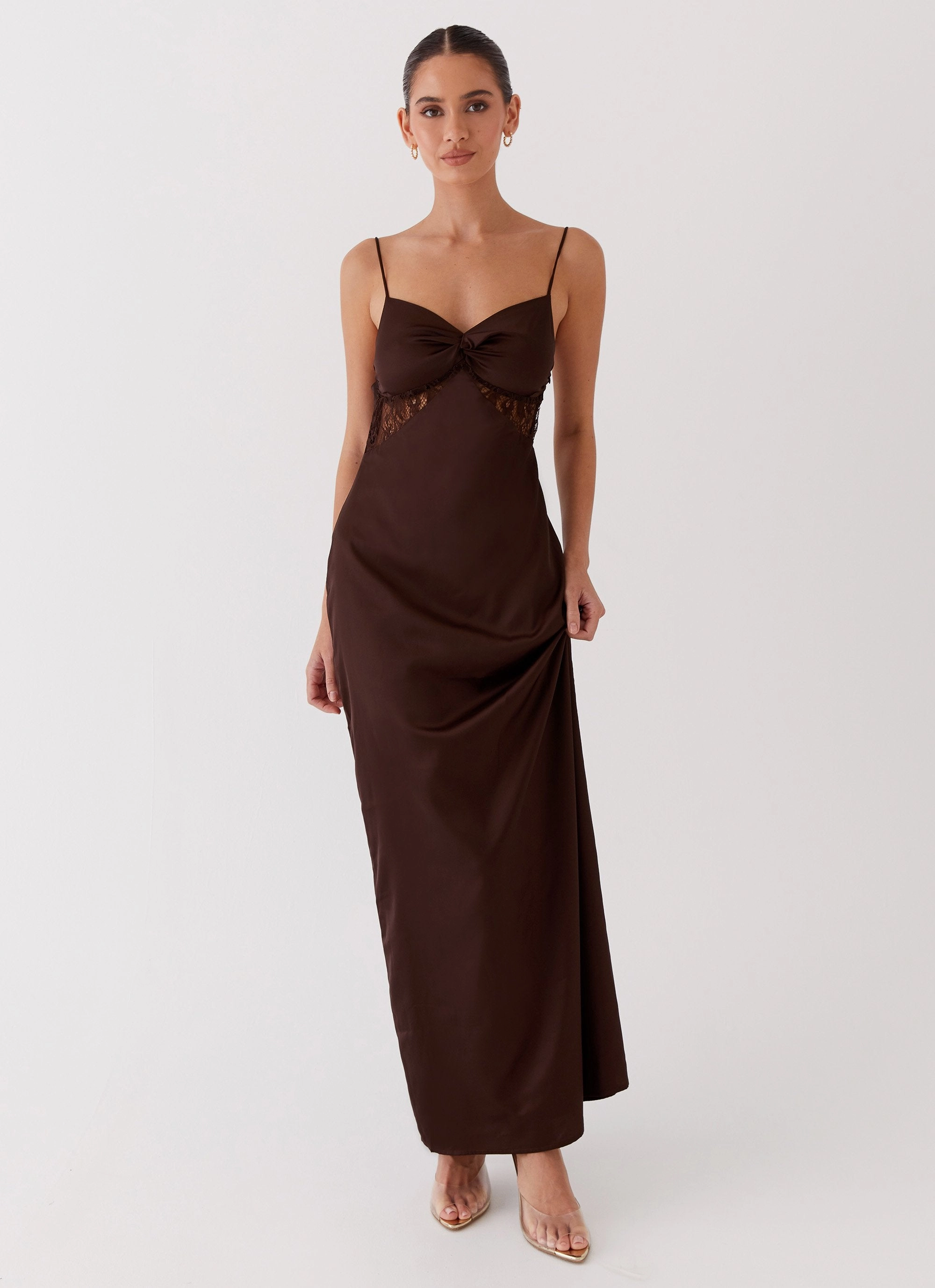Dream Sight Lace Satin Maxi Dress - Chocolate Modern Waistband