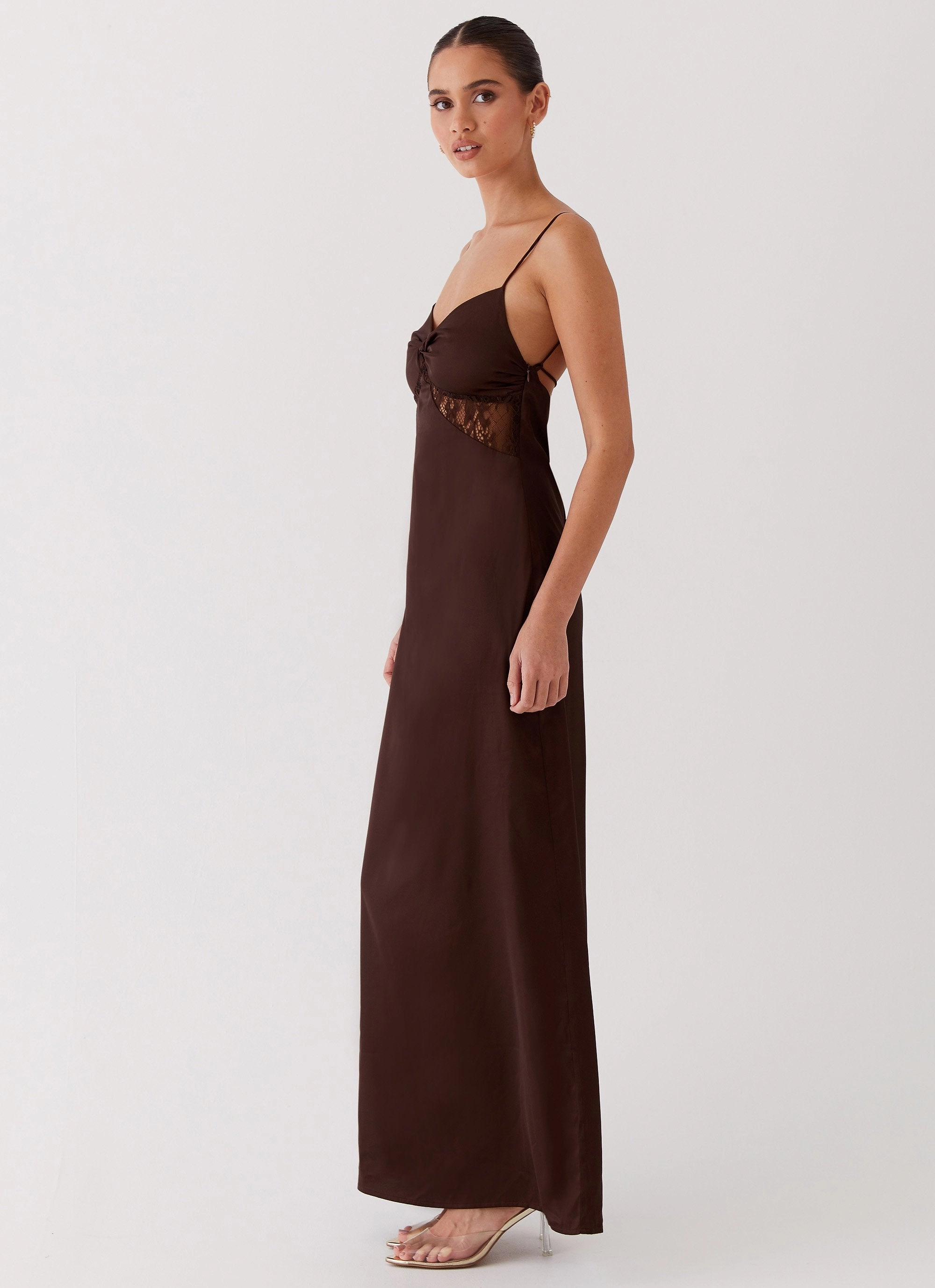 Dream Sight Lace Satin Maxi Dress - Chocolate Vintage Vibe