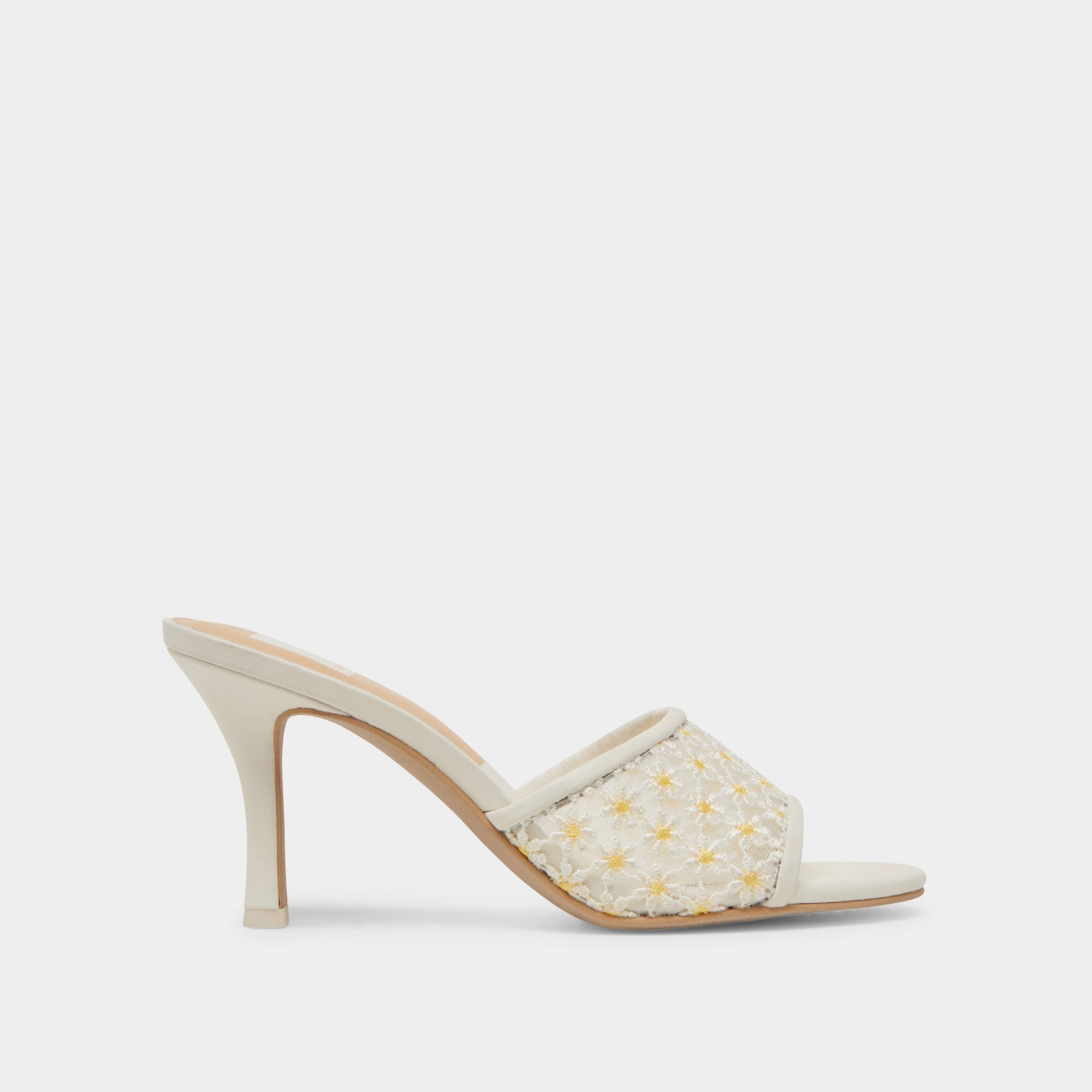 LAVENA FLORAL HEELS WHITE YELLOW FLORAL MESH Date Spark Shiny Finish