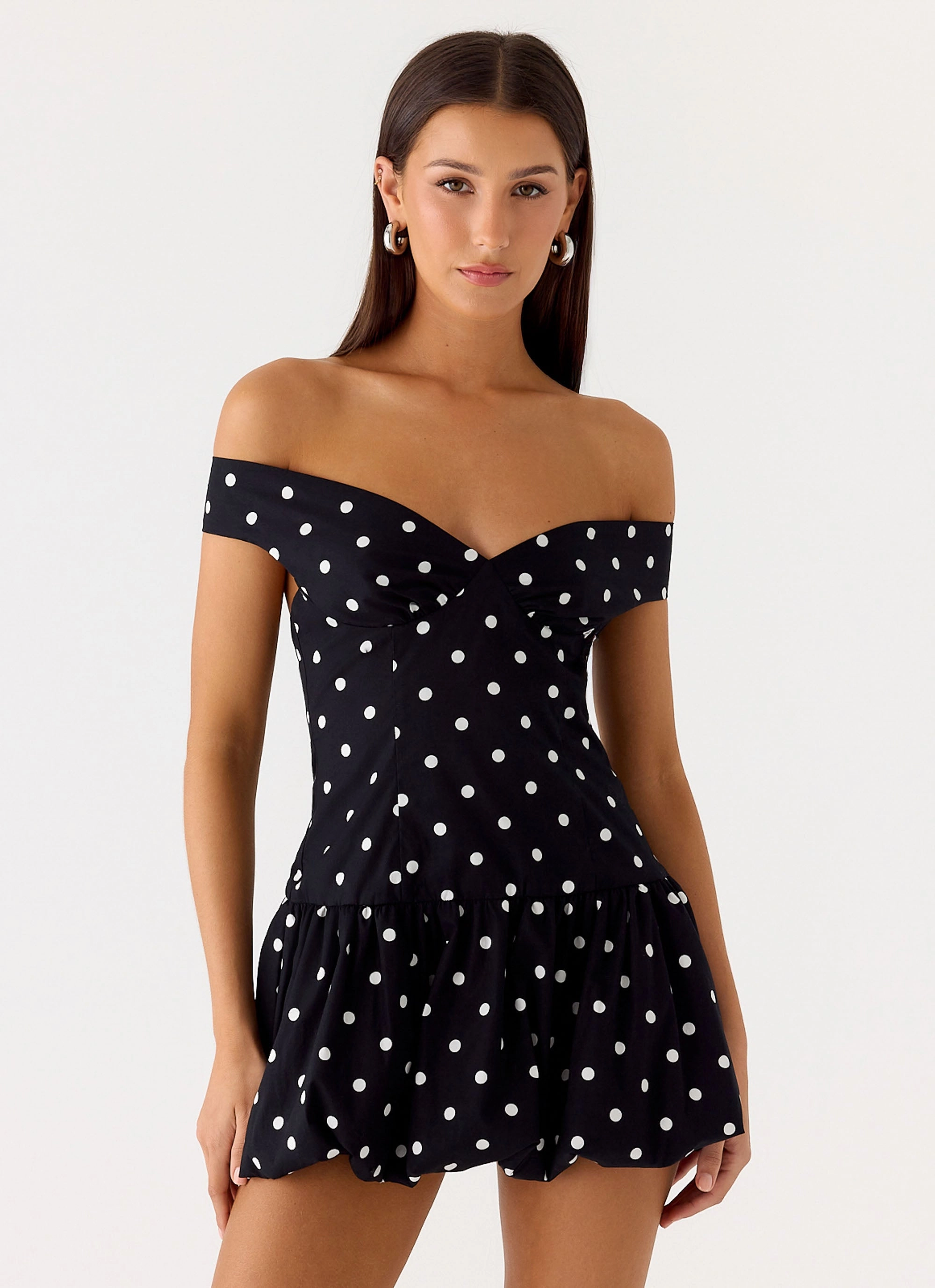 Endless Romance Off Shoulder Mini Dress - Black Polkadot Everyday-Use Vacation Vibe