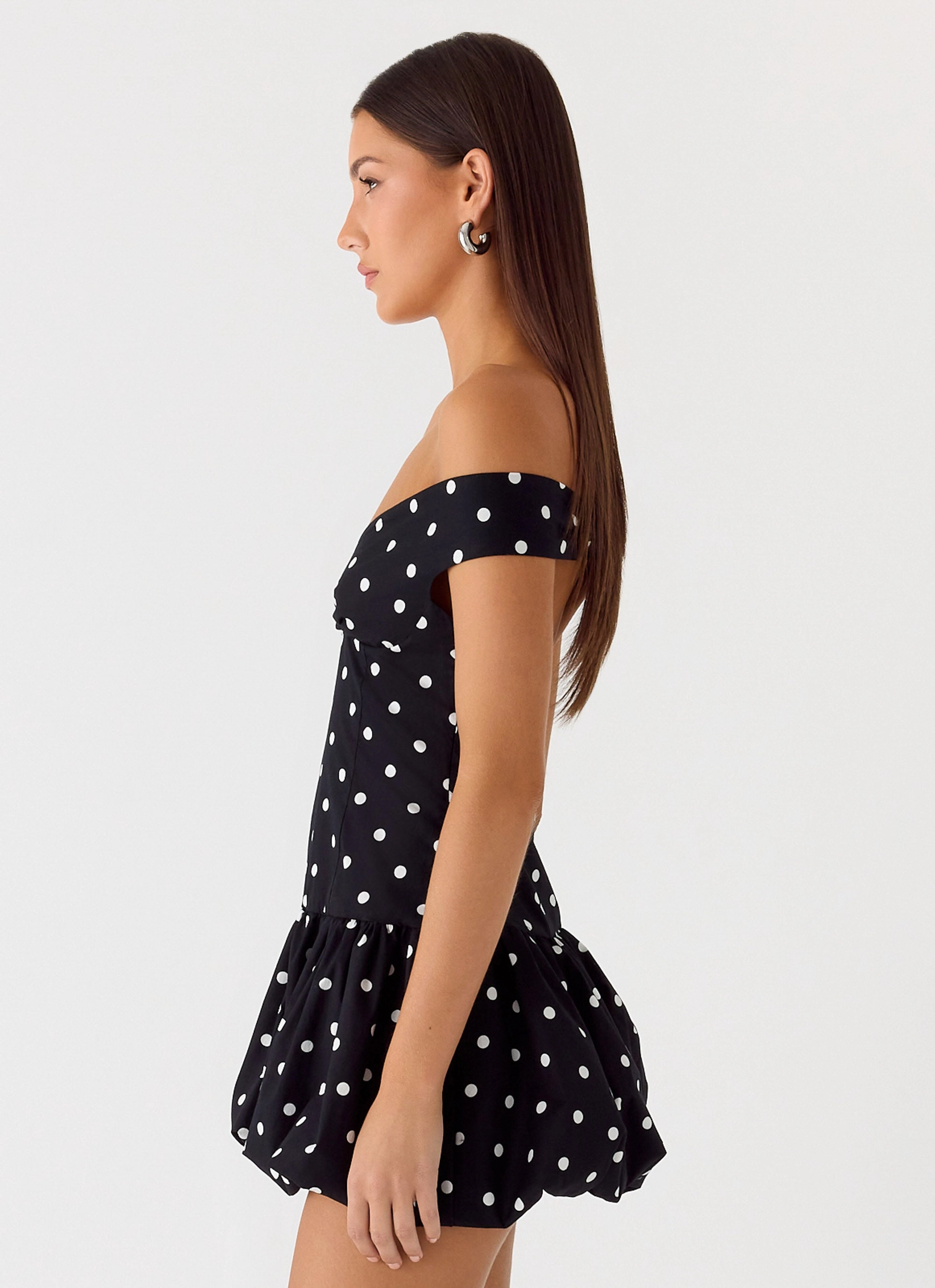 Travel Vibe warm tones Endless Romance Off Shoulder Mini Dress - Black Polkadot