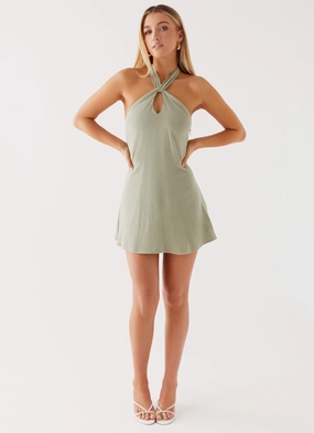 Counting Stars Linen Halterneck Dress - Sage Chic Layered Wear Day Ready Look