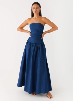 Air Layer Elegant Tailoring Carmel Denim Maxi Dress - Indigo