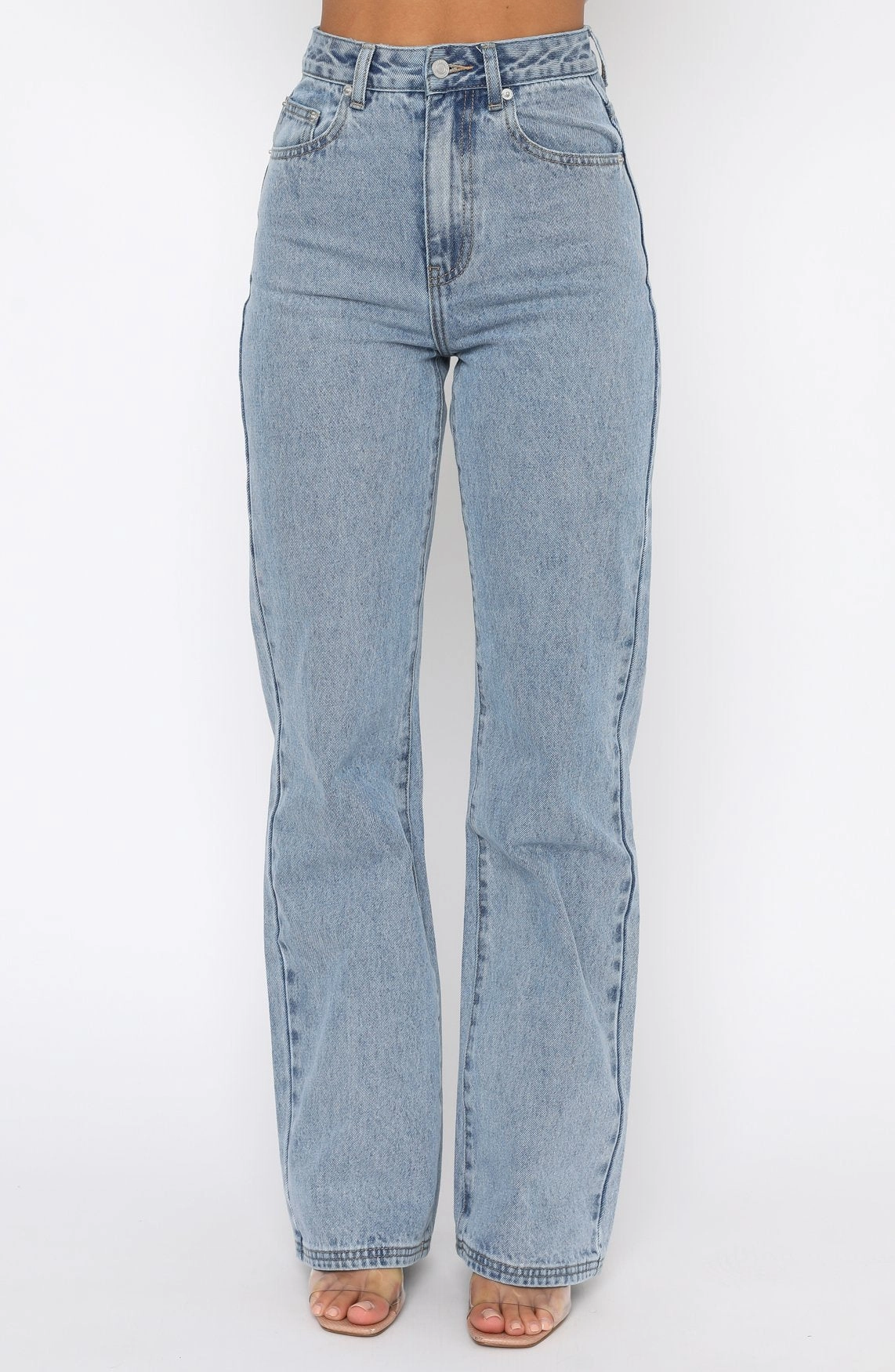 Curved Seam Construction Versatile Waist Design Long Way To Go High Rise Straight Leg Jeans Washed Blue