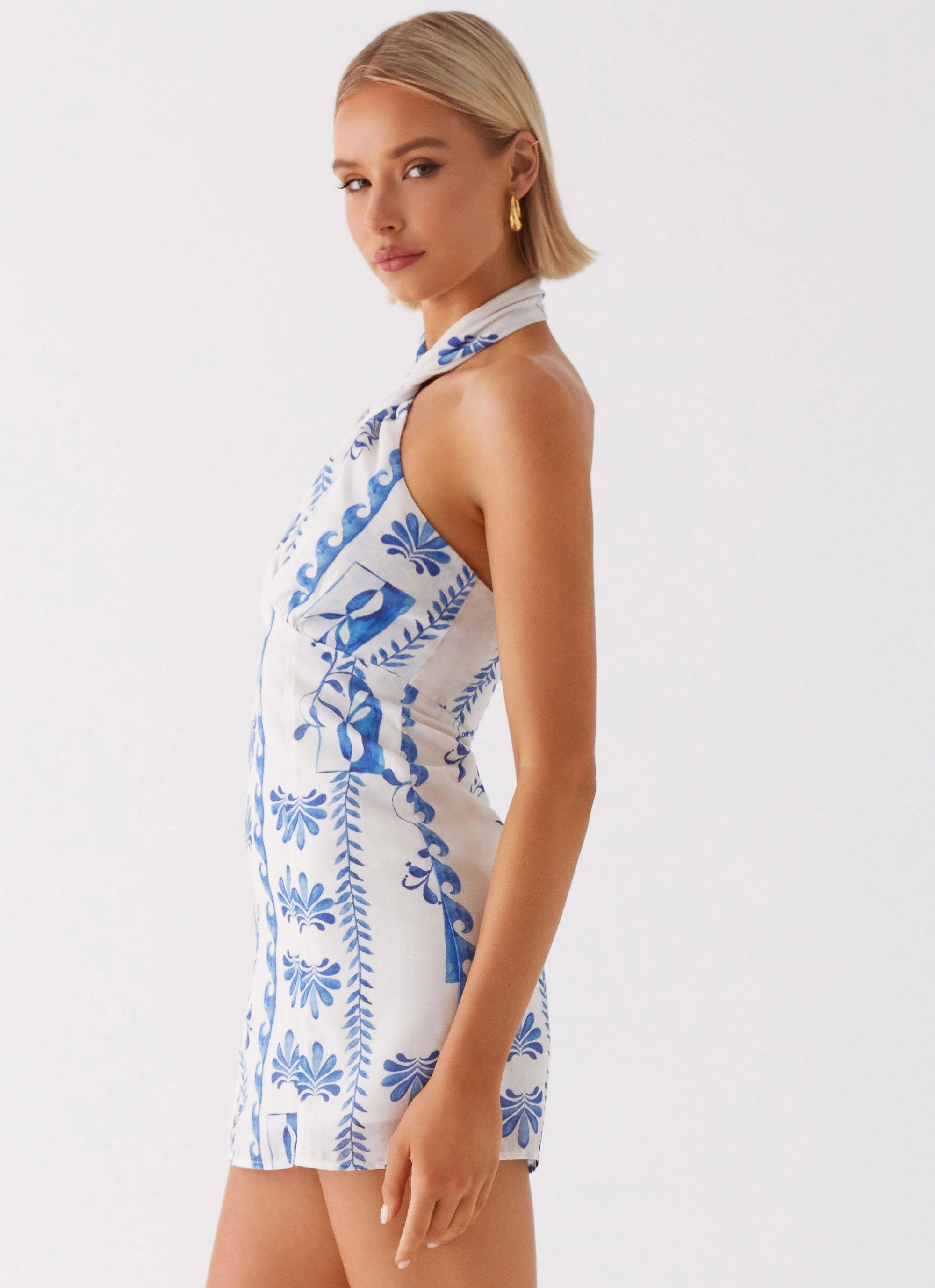 button detail Sabine Linen Mini Dress - Floral Wave