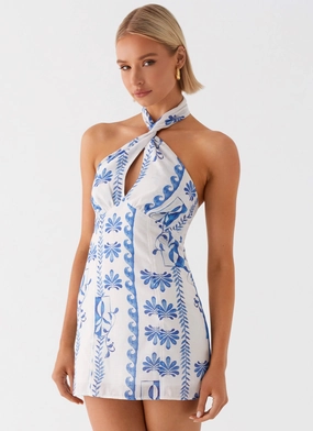 Soft cotton blend dress Effortless Waist Design Sabine Linen Mini Dress - Floral Wave