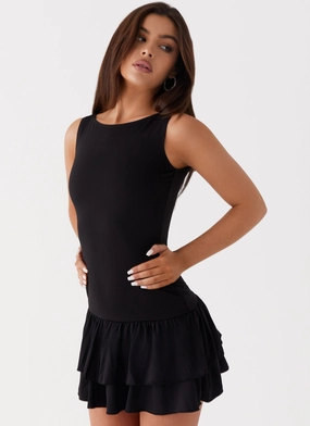 Rhiannon Frill Mini Dress - Black Light Weight