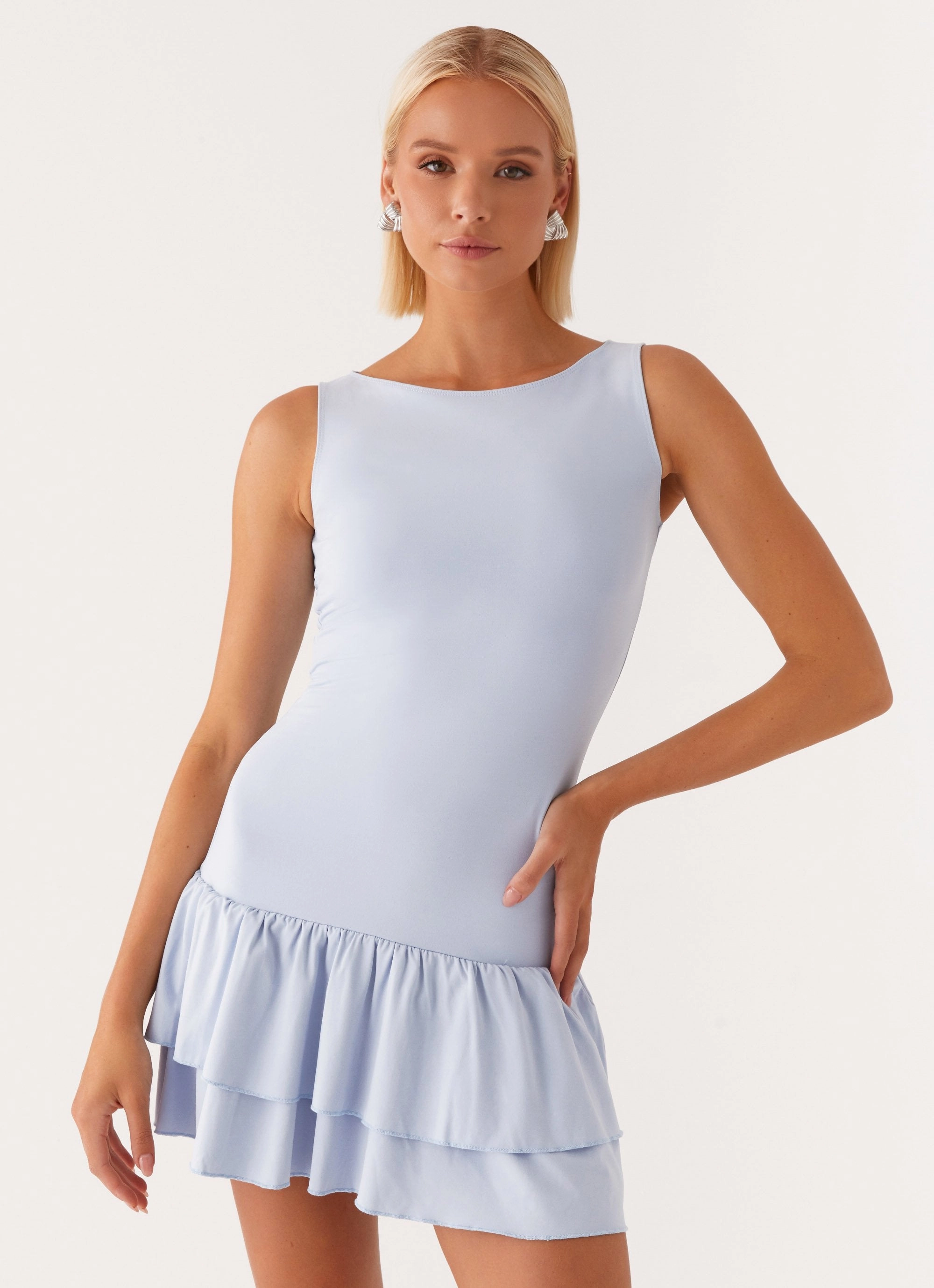Simple Shape Breath Soft Rhiannon Frill Mini Dress - Blue