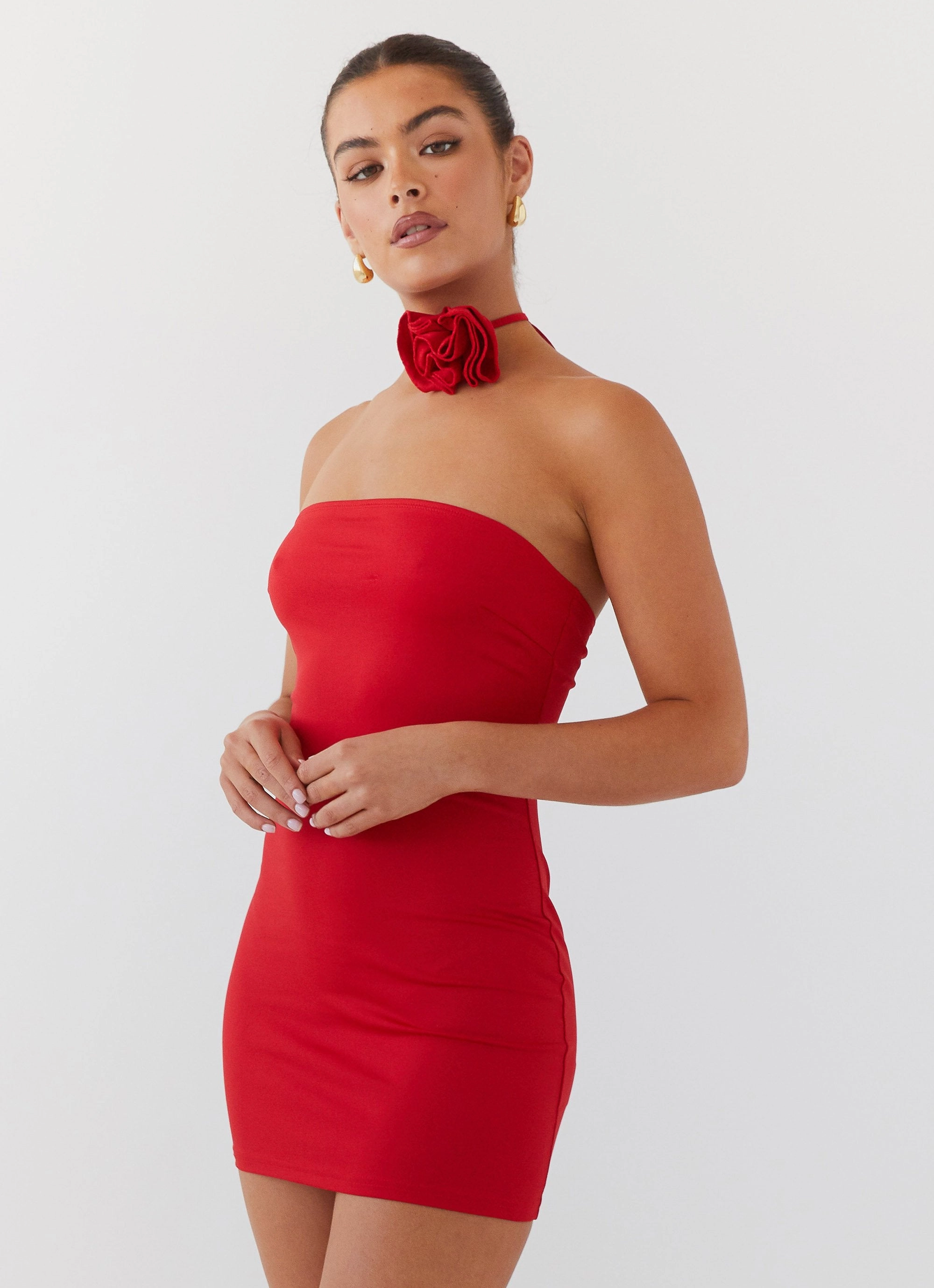 City Layers Halter neck Ruby Glamour Rose Mini Dress - Rouge Red