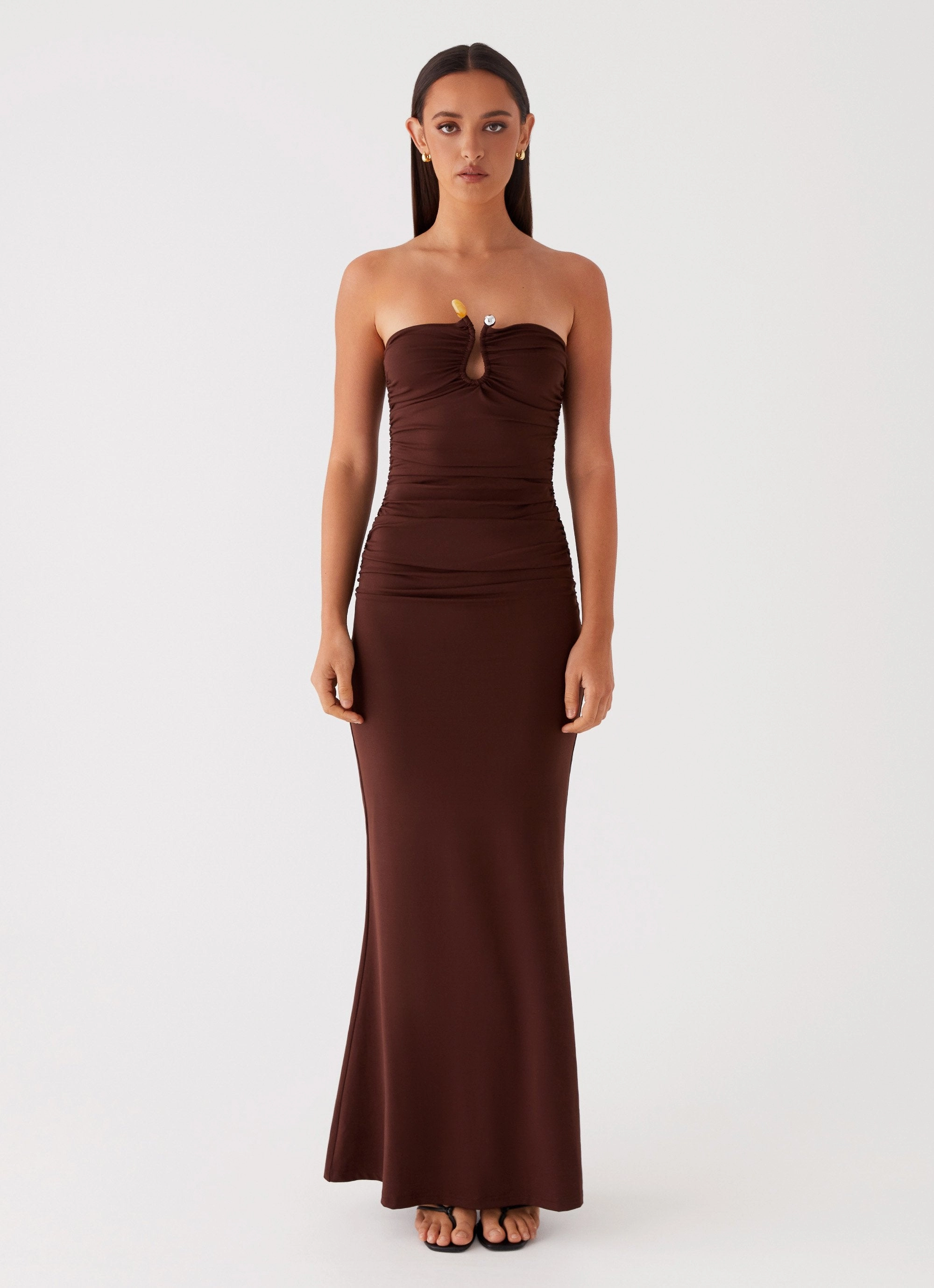 ruffle trim Silky-Feel Rudy Maxi Dress - Brown