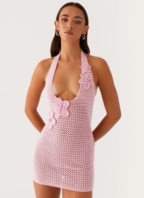 Vibrant Design Daily Favorite Luciana Crochet Halterneck Mini Dress - Pink