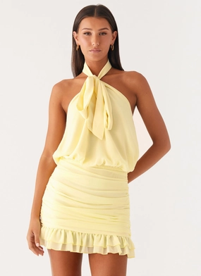 Saebi Tie Neck Mini Dress - Lemon Cool Season Soft Pleats
