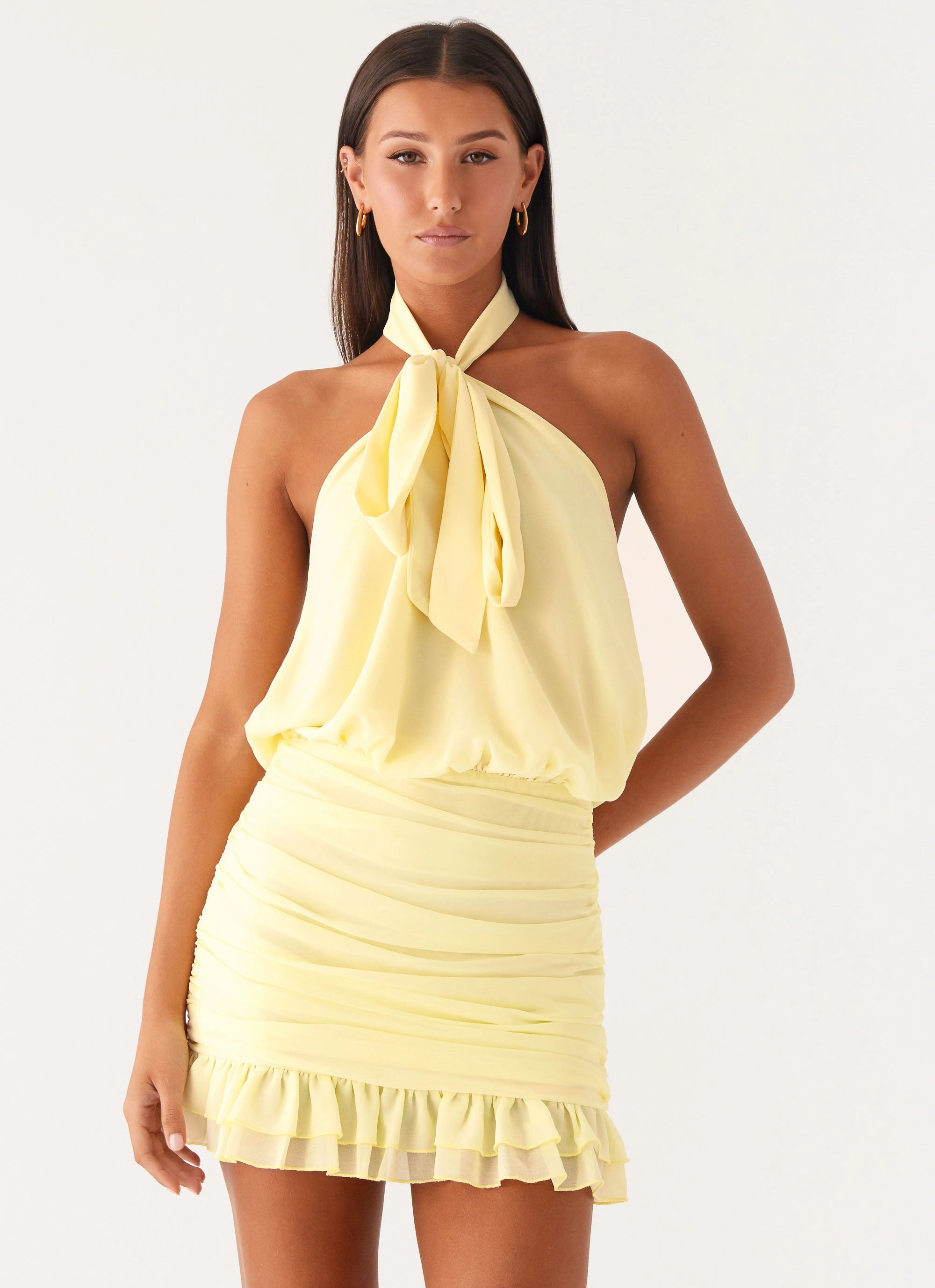Saebi Tie Neck Mini Dress - Lemon Cool Season Soft Pleats