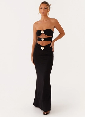 Save Me Maxi Dress - Black Layered Volume Glossy-Finish