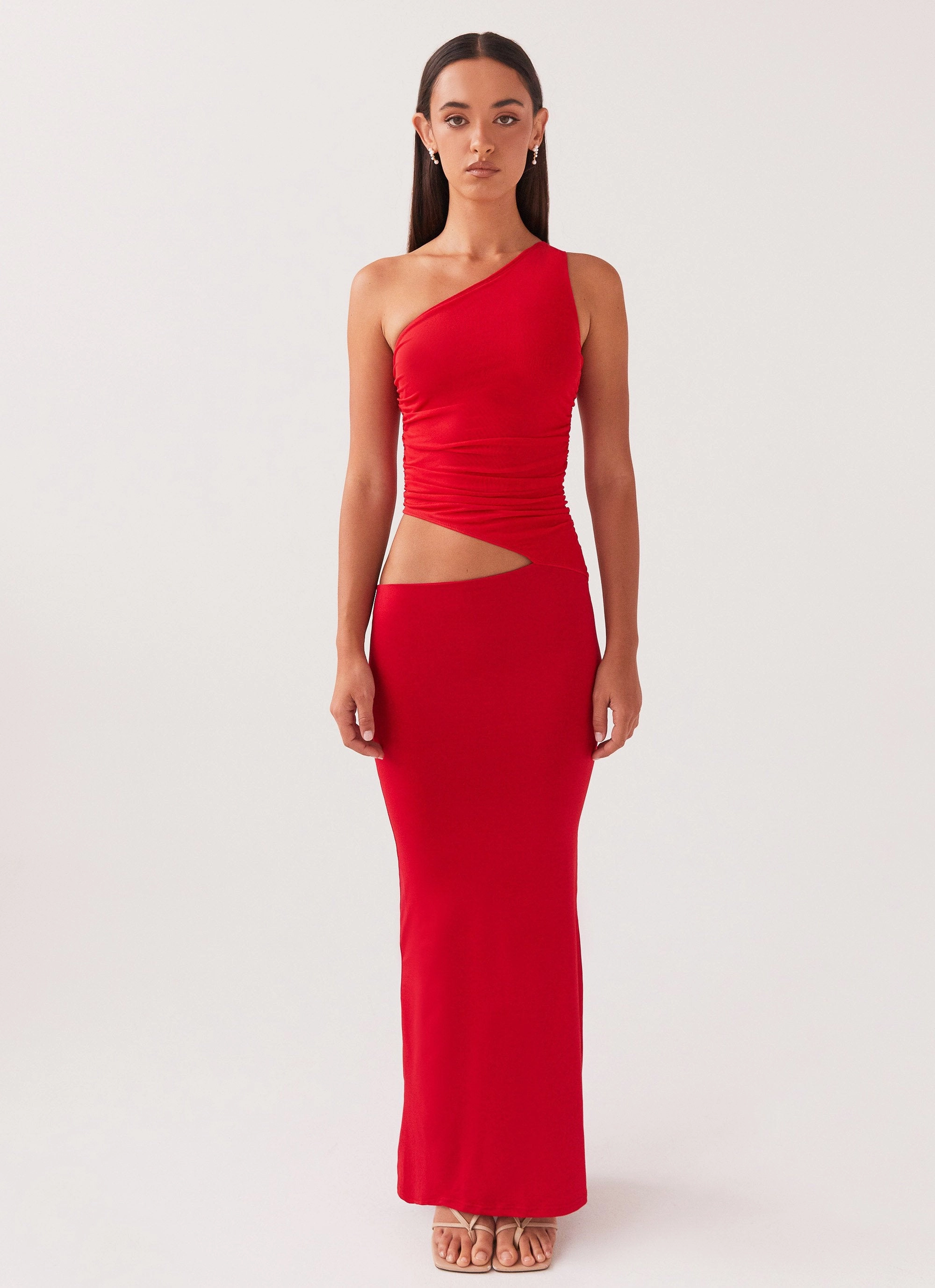 Seranella One Shoulder Maxi Dress - Cherry Red Chic Waist Sweetheart Cut