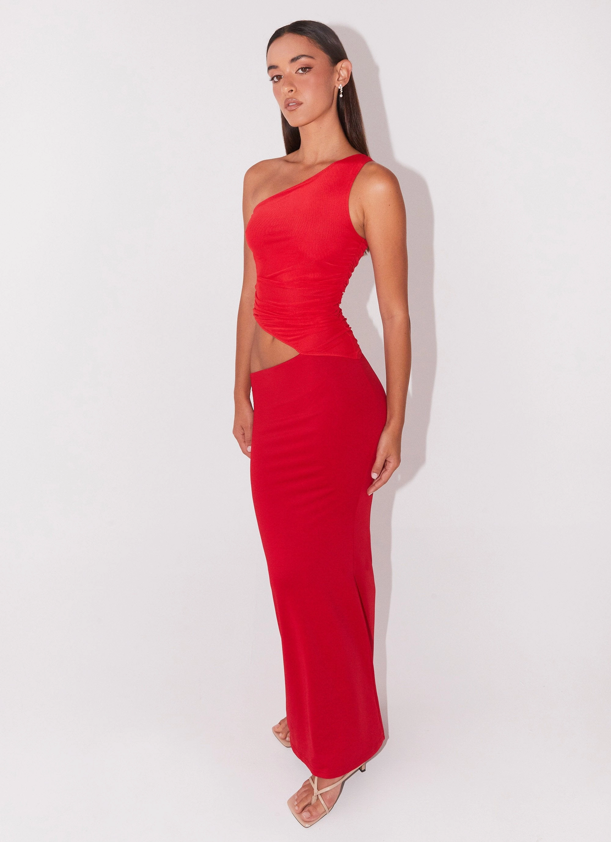 Daily Chic Chic Mom Seranella One Shoulder Maxi Dress - Cherry Red
