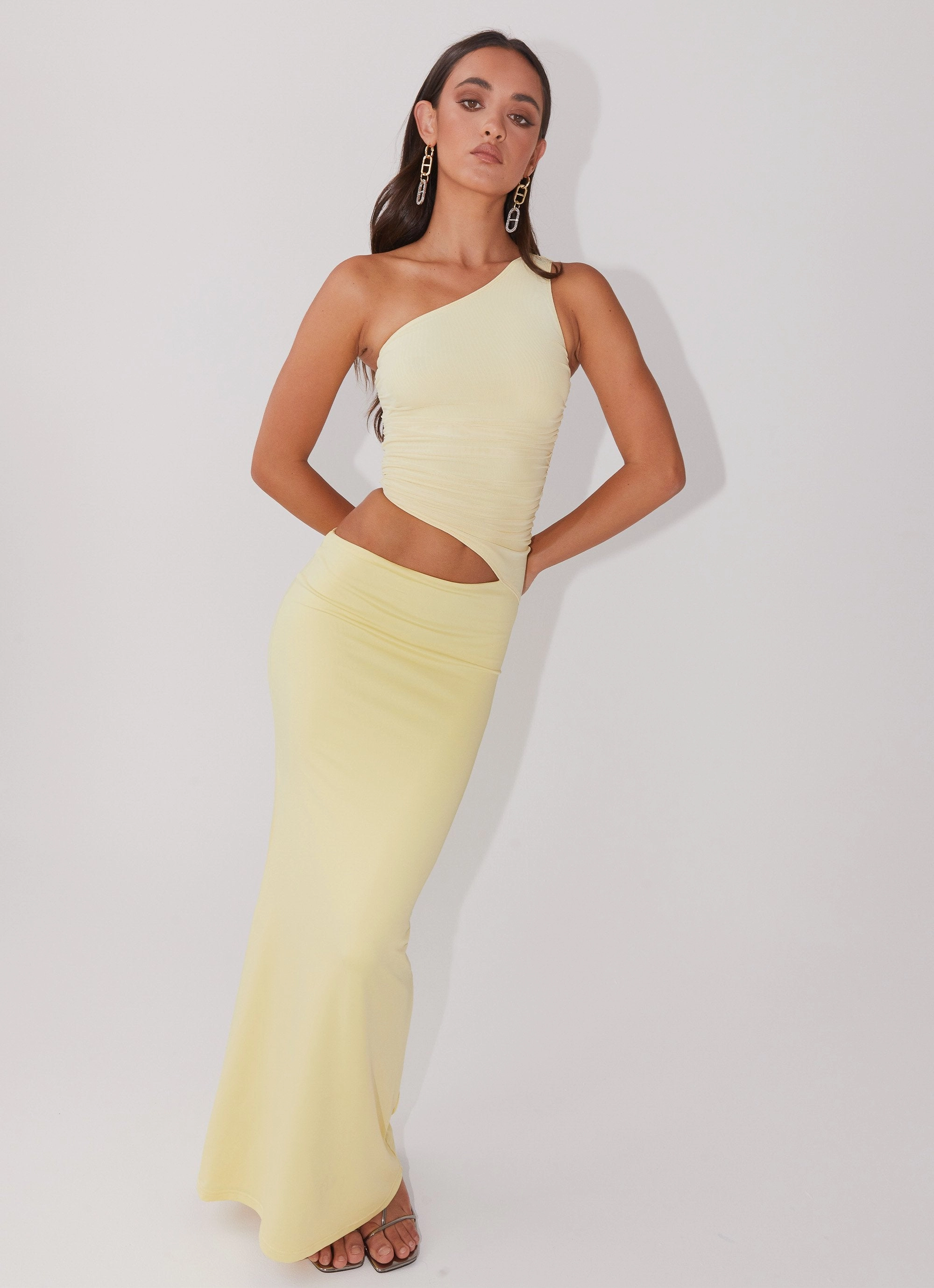 Relaxed and Elegant Layered-Look Seranella One Shoulder Maxi Dress - Lemon
