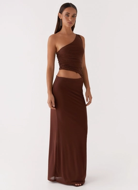 Seranella Sequin One Shoulder Maxi Dress - Chocolate Wrap Glow Year Round