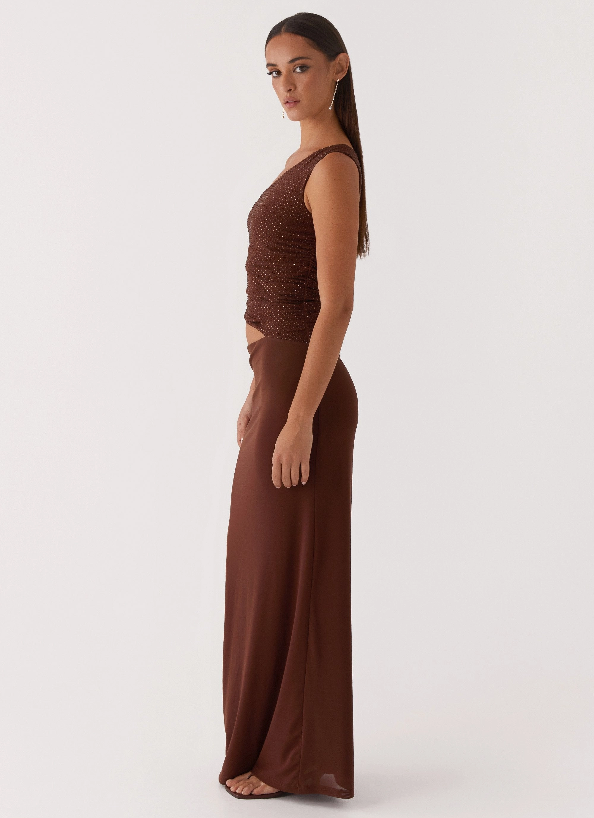 Simple formal dress Seranella Sequin One Shoulder Maxi Dress - Chocolate