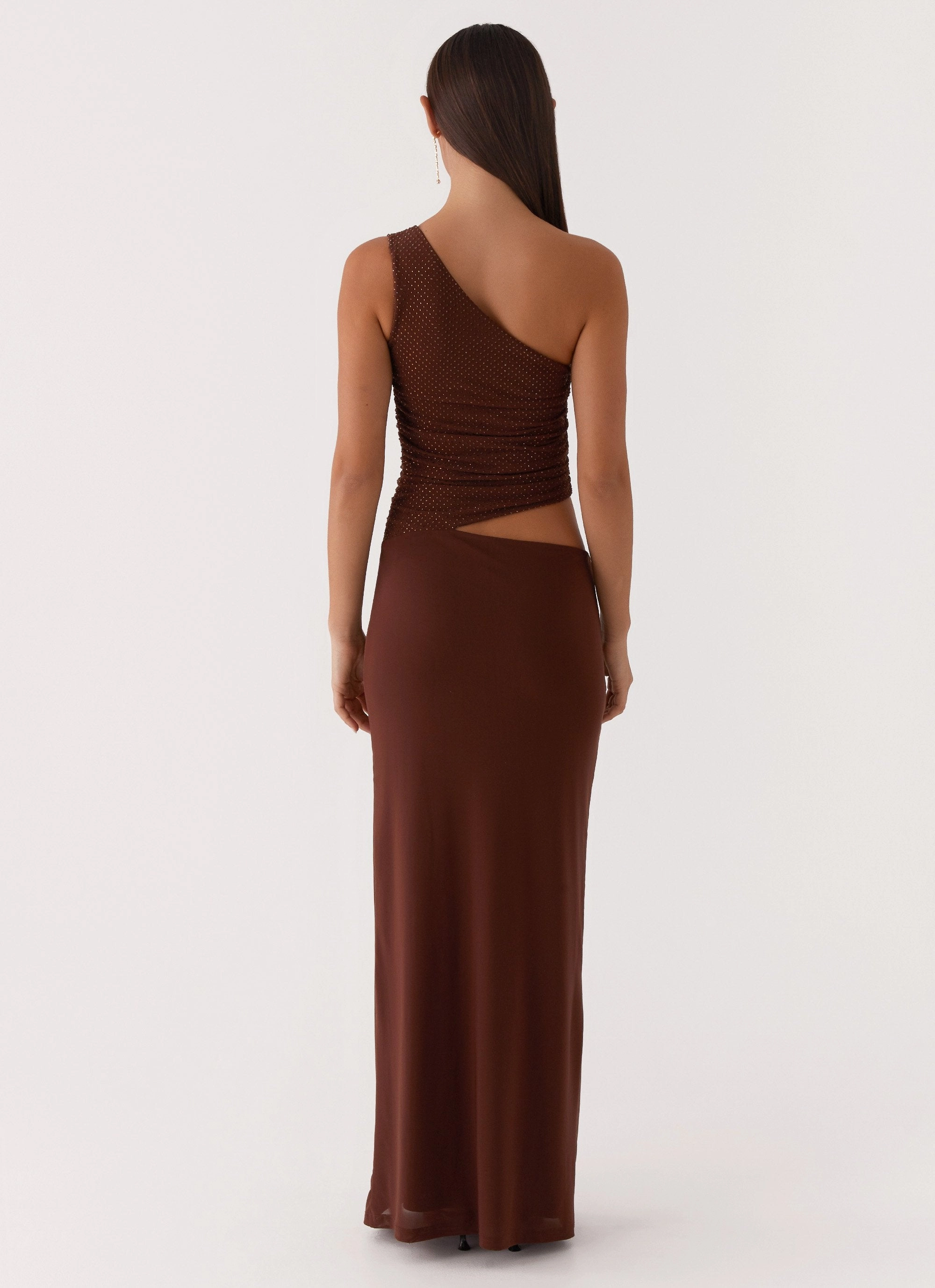 Seranella Sequin One Shoulder Maxi Dress - Chocolate Solid-color