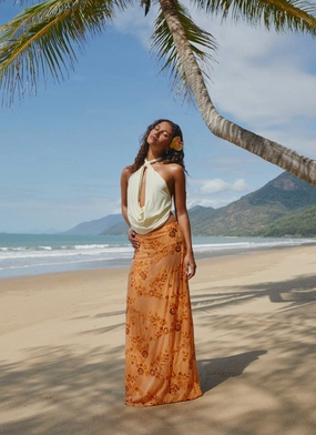 Corinna Low Rise Sequin Maxi Skirt - Orange Tropical theme