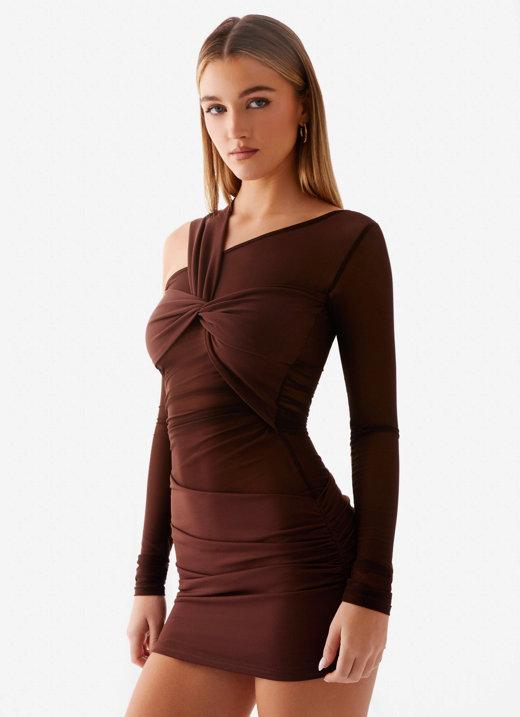 Ophelie Asymmetric Long Sleeve Mini Dress - Chocolate Comfort Stretch