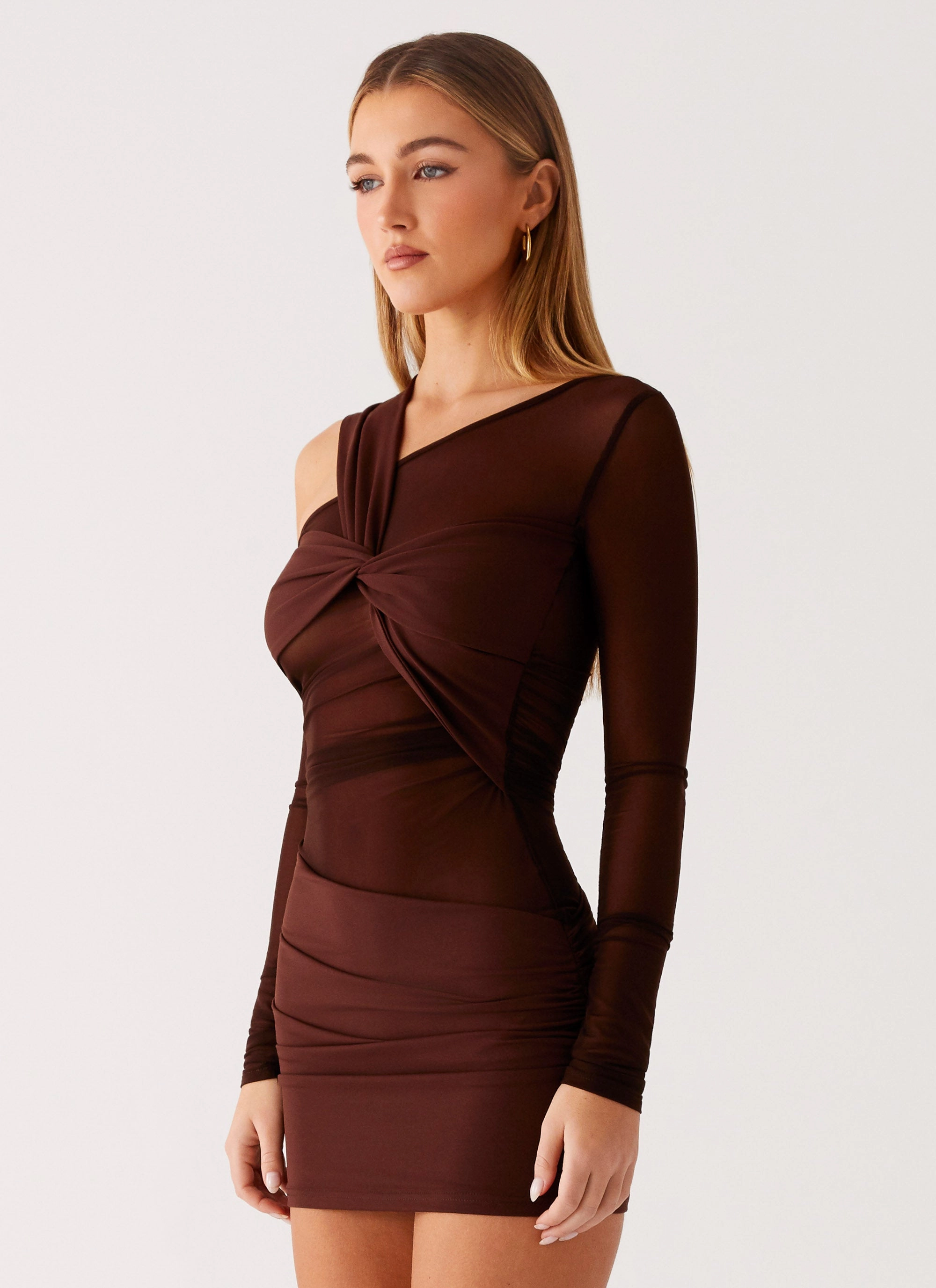 Ophelie Asymmetric Long Sleeve Mini Dress - Chocolate Clear Blush Shine Finish