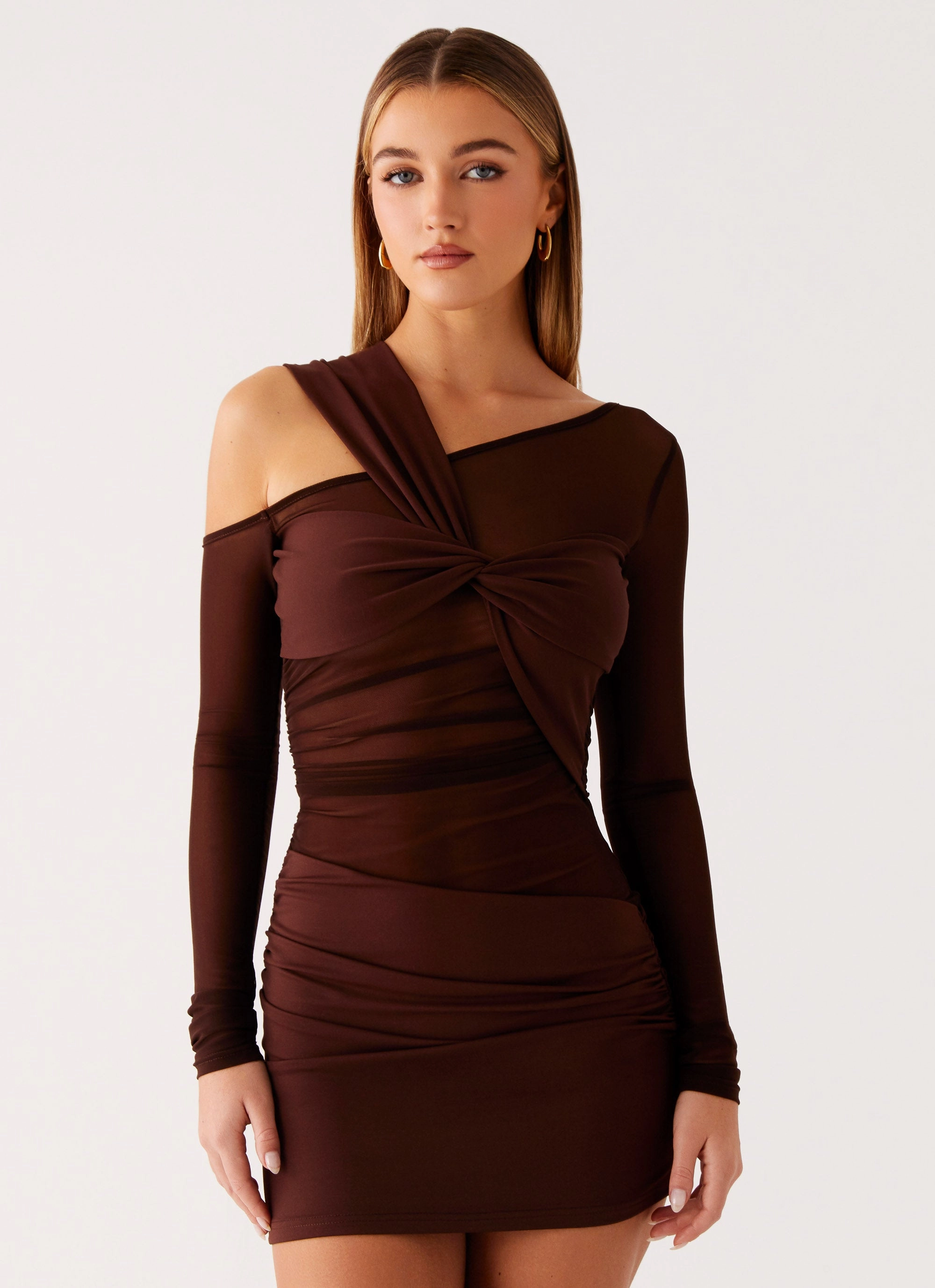 Raglan-Sleeve Ophelie Asymmetric Long Sleeve Mini Dress - Chocolate