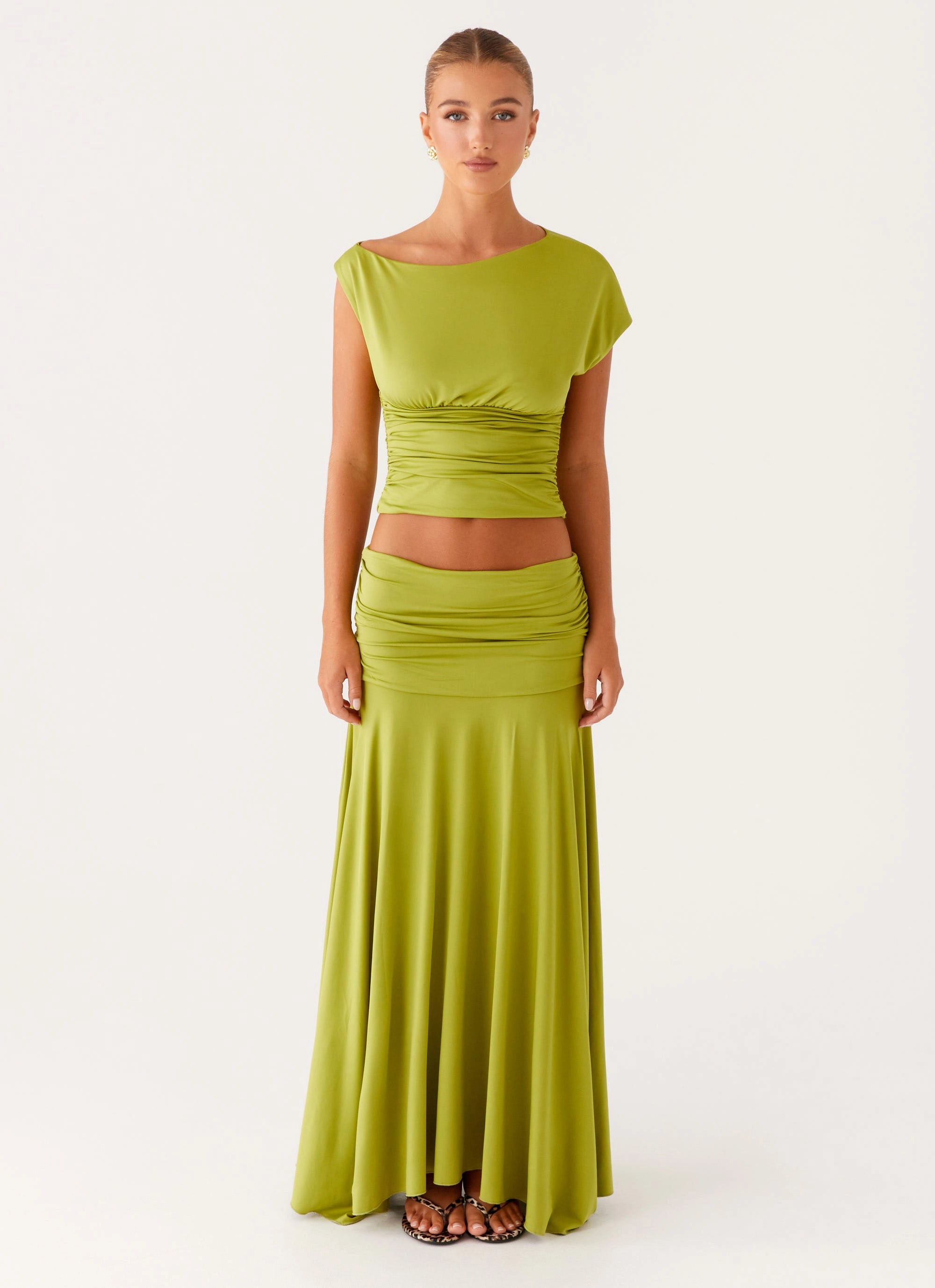 Liana Ruched Maxi Skirt - Green Fold Over Detail A line