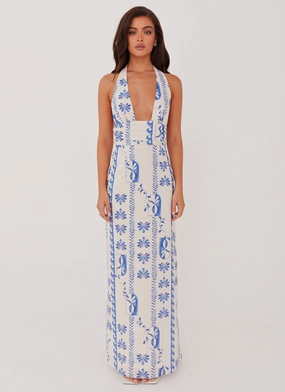 Sky Linen Maxi Dress - Floral Wave Timeless Waist