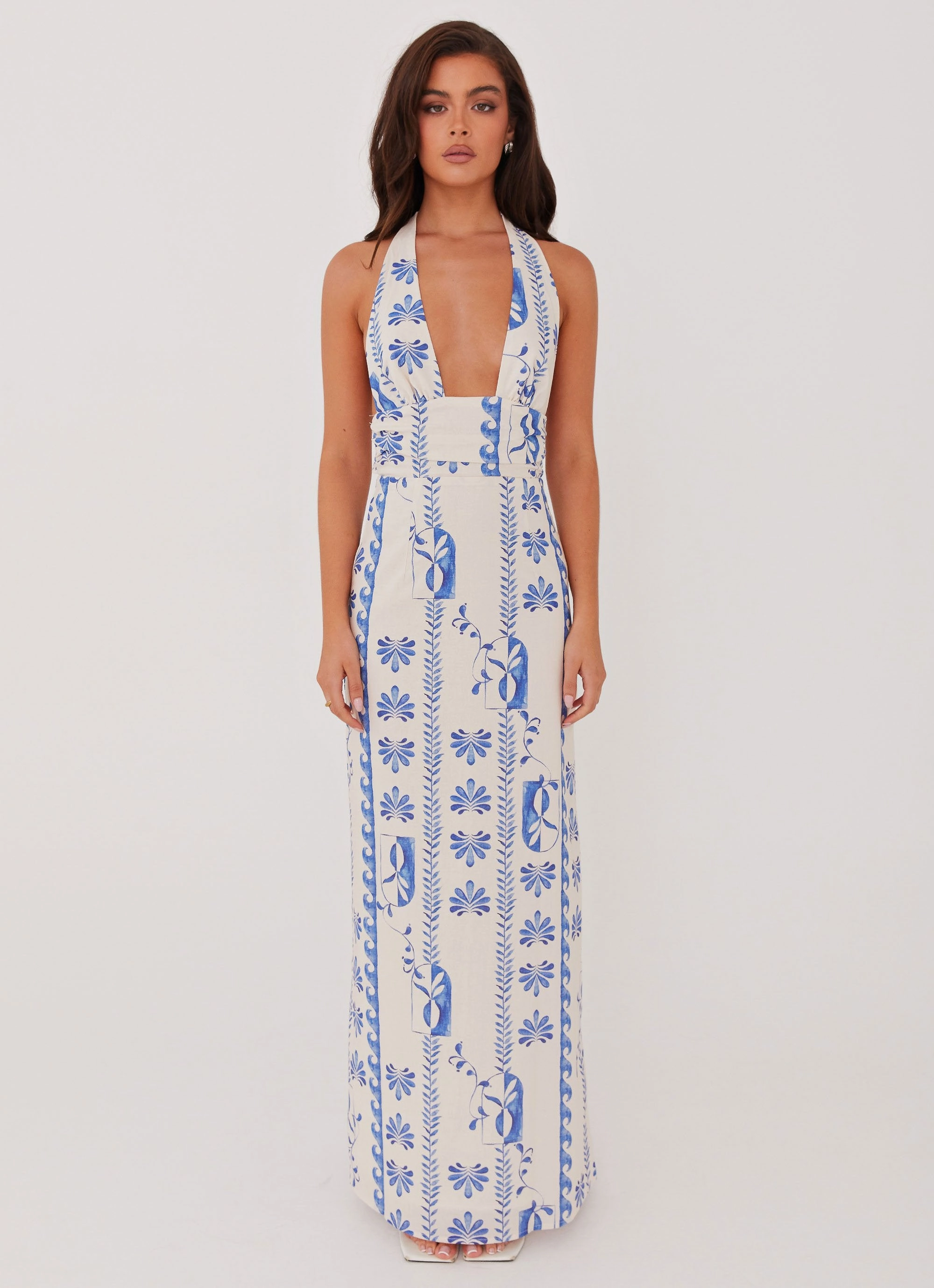 Sky Linen Maxi Dress - Floral Wave Timeless Waist