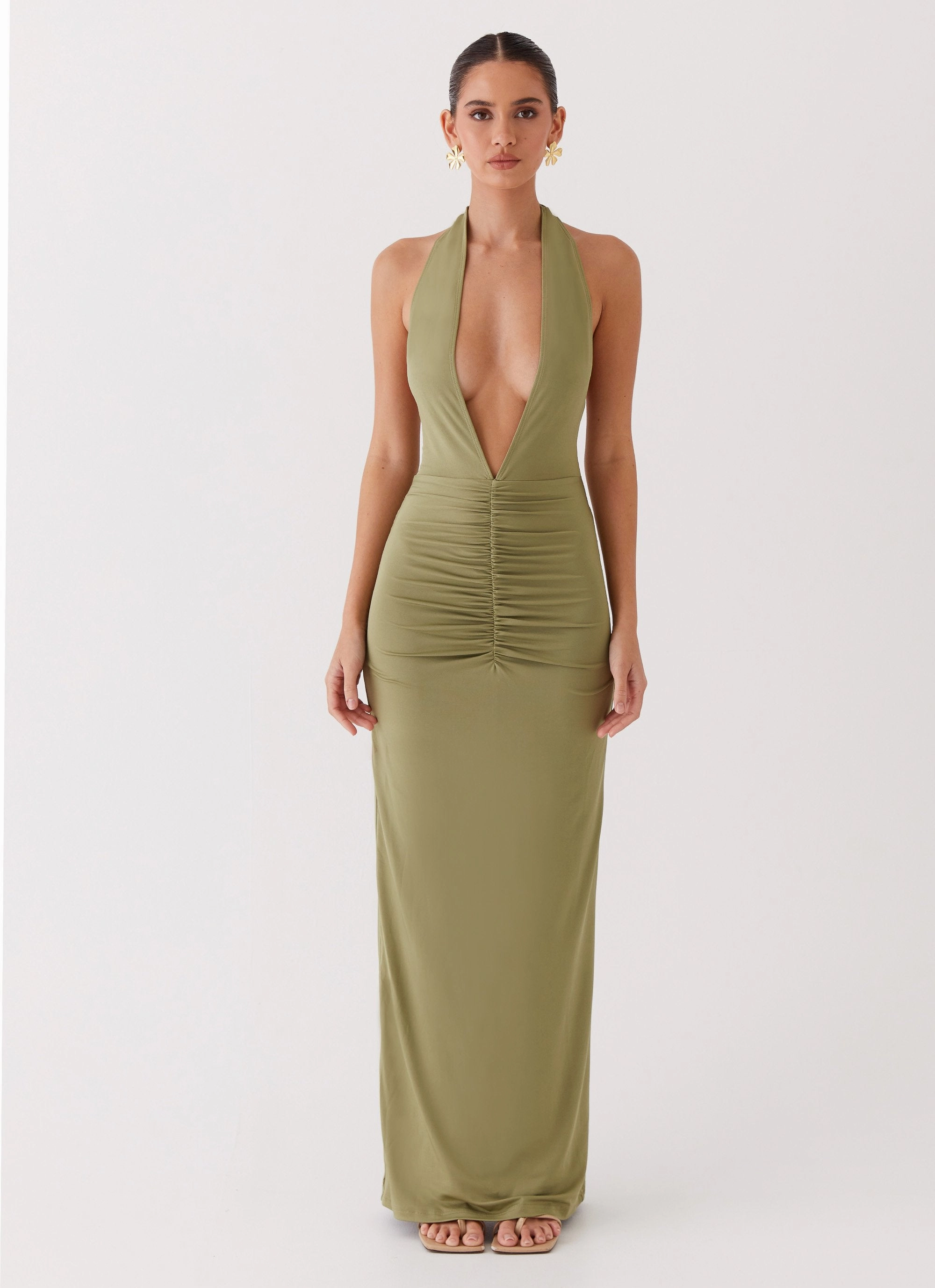 Whisked Away Halterneck Maxi Dress - Olive Water-Repellent-Finish