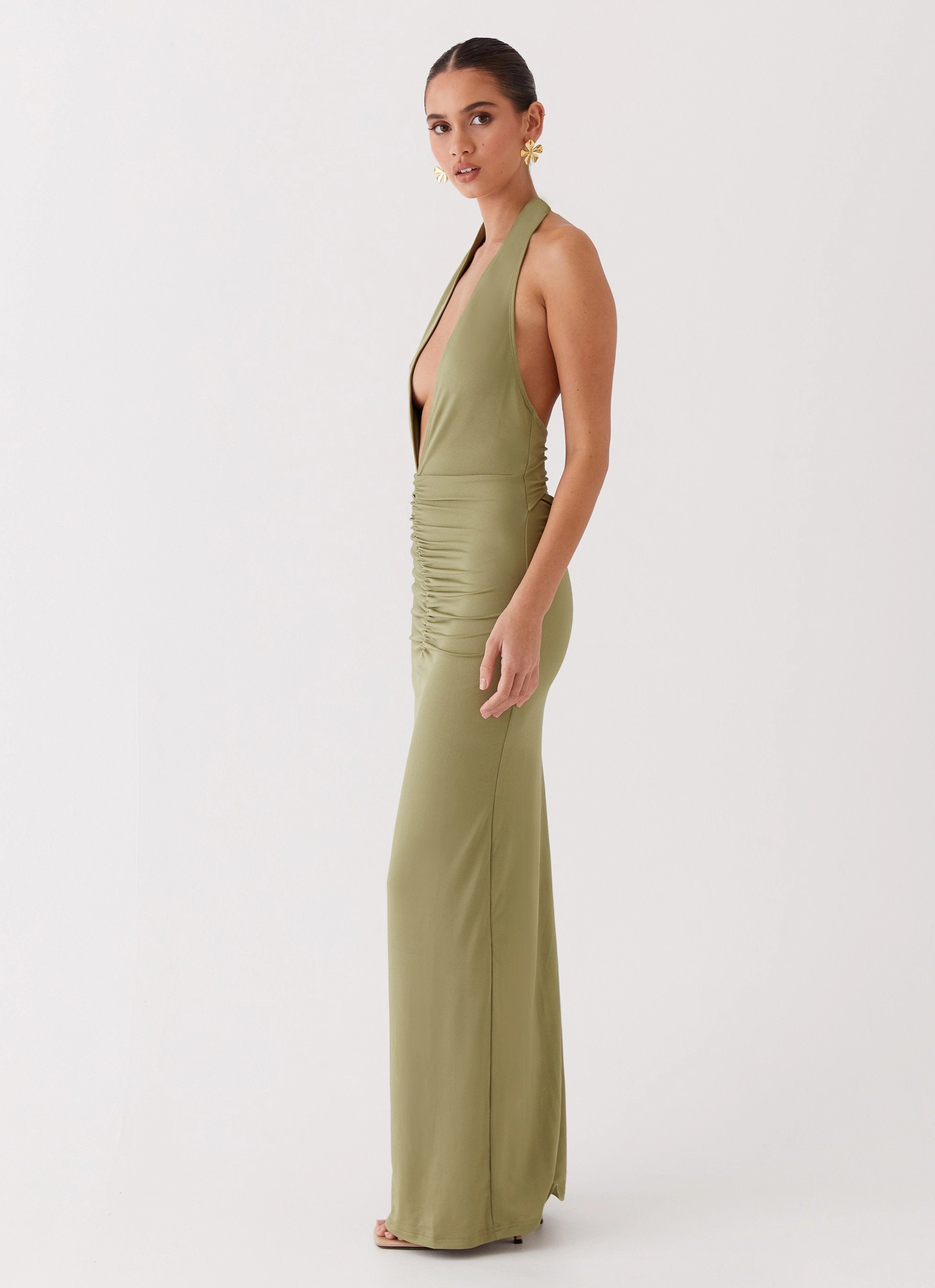 Smooth Finish Eco Friendly Whisked Away Halterneck Maxi Dress - Olive