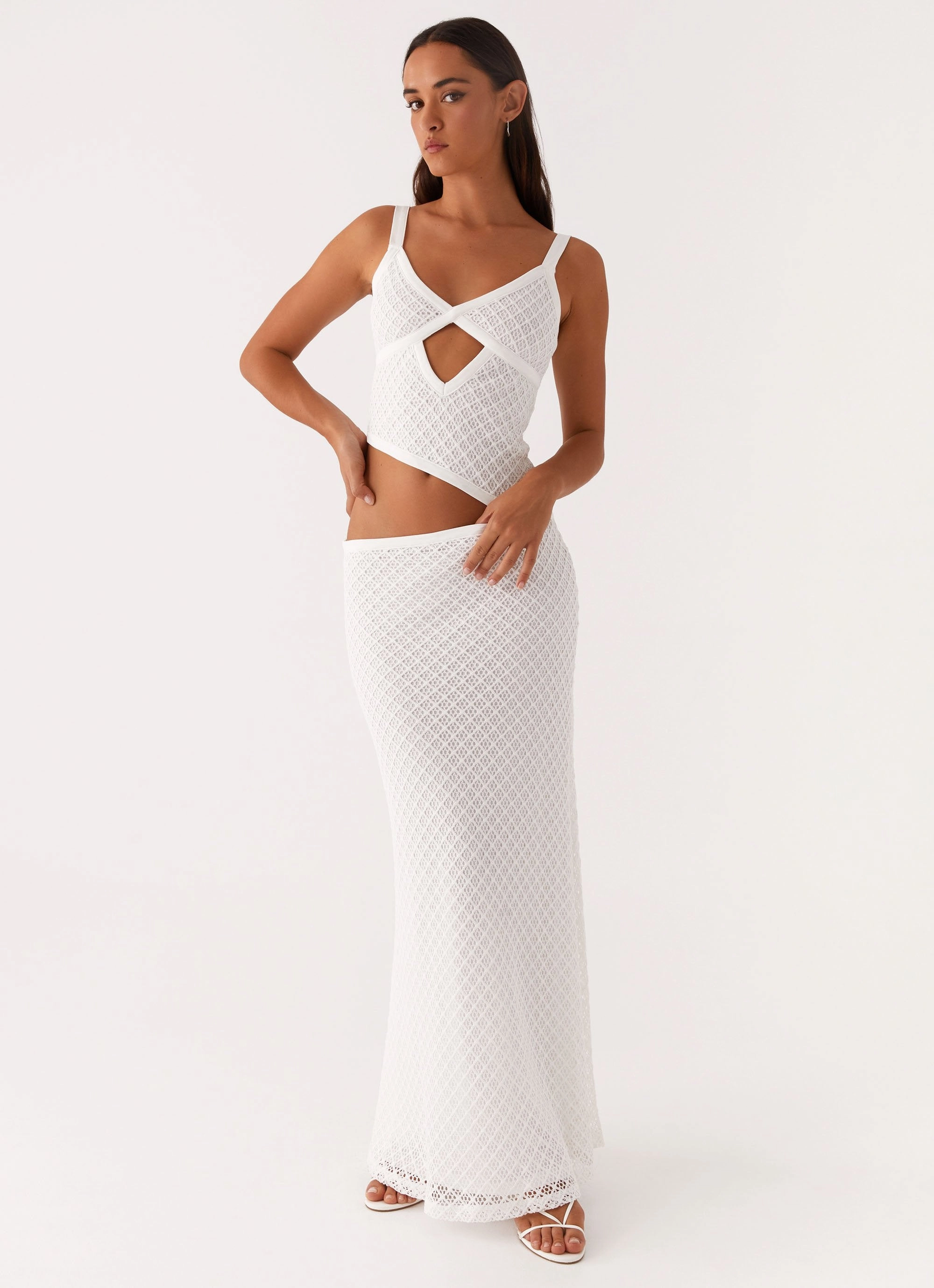 Jocelyn Maxi Dress - White Crochet Glossy Fabric