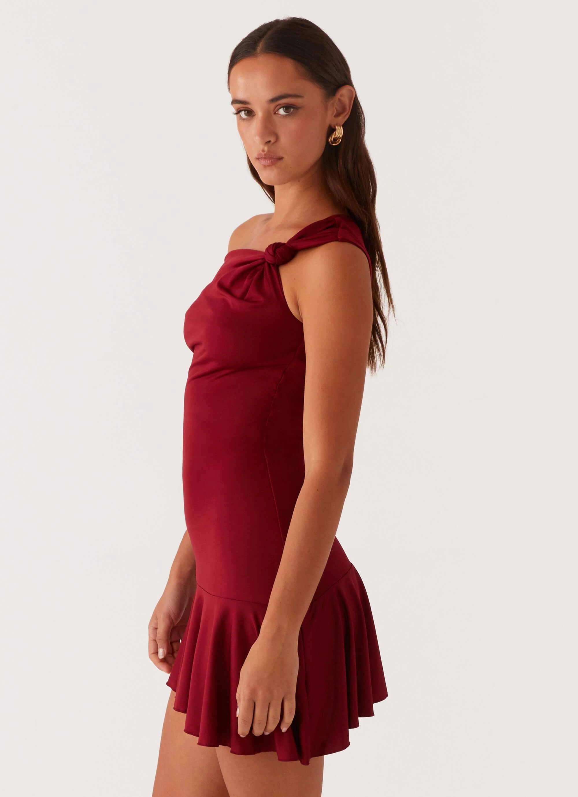 Amaya Twist Mini Dress - Maroon Crinkle Effect Rose Soft