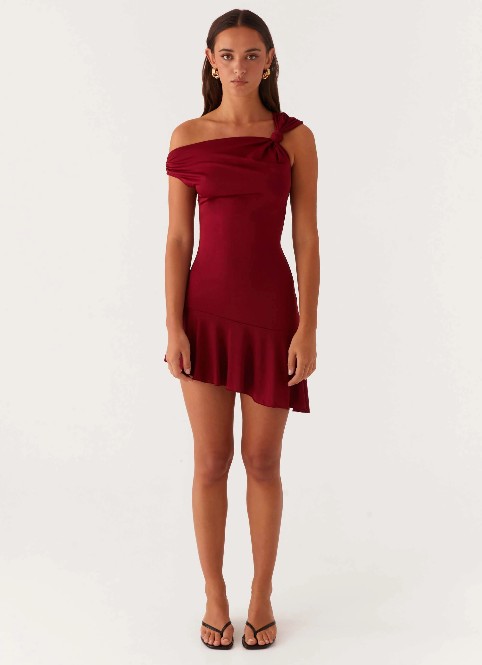 Amaya Twist Mini Dress - Maroon Balloon-Sleeve