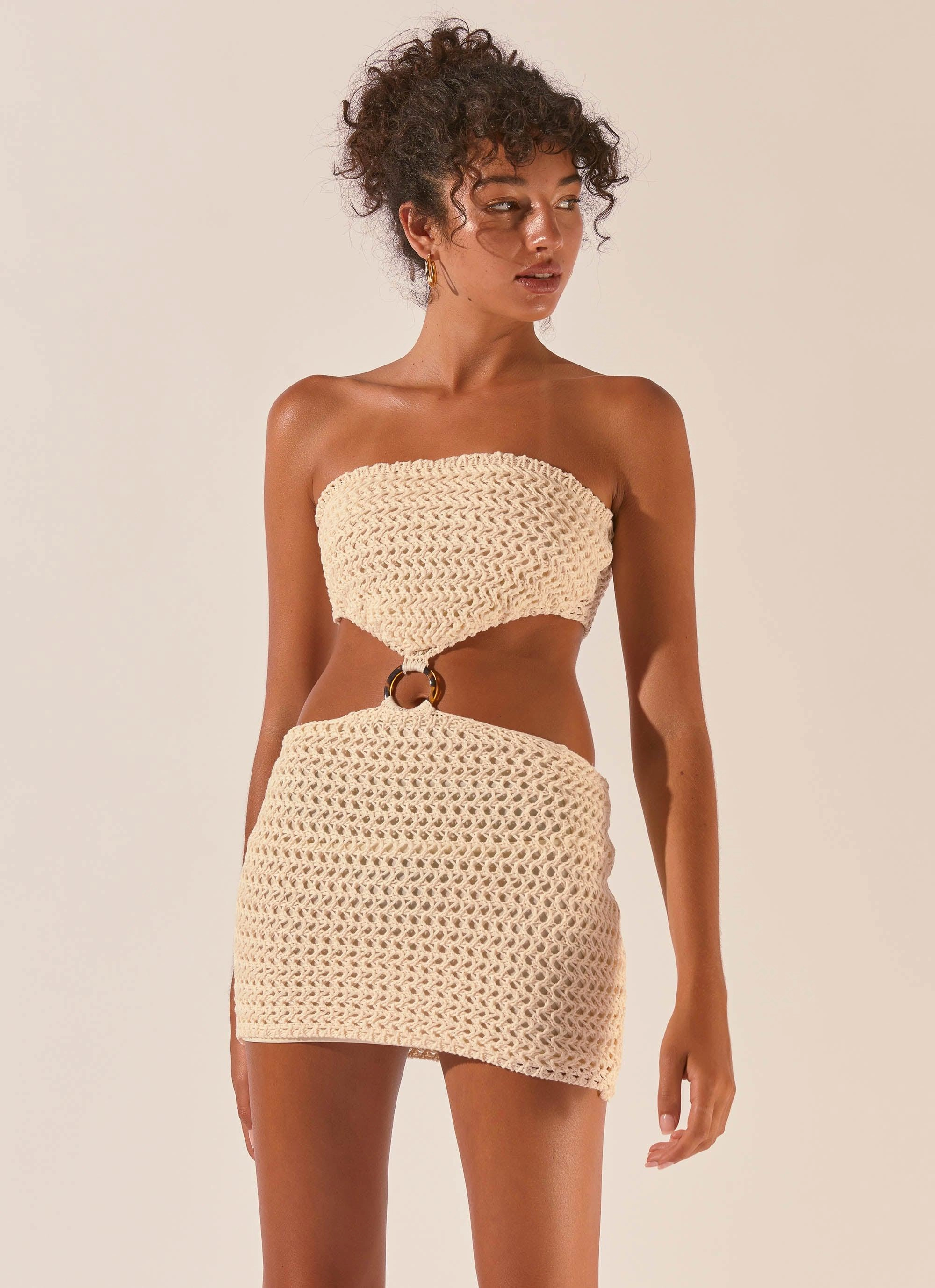 A Line Cut Chill Moment Balmy Nights Crochet Mini Dress - Seashell