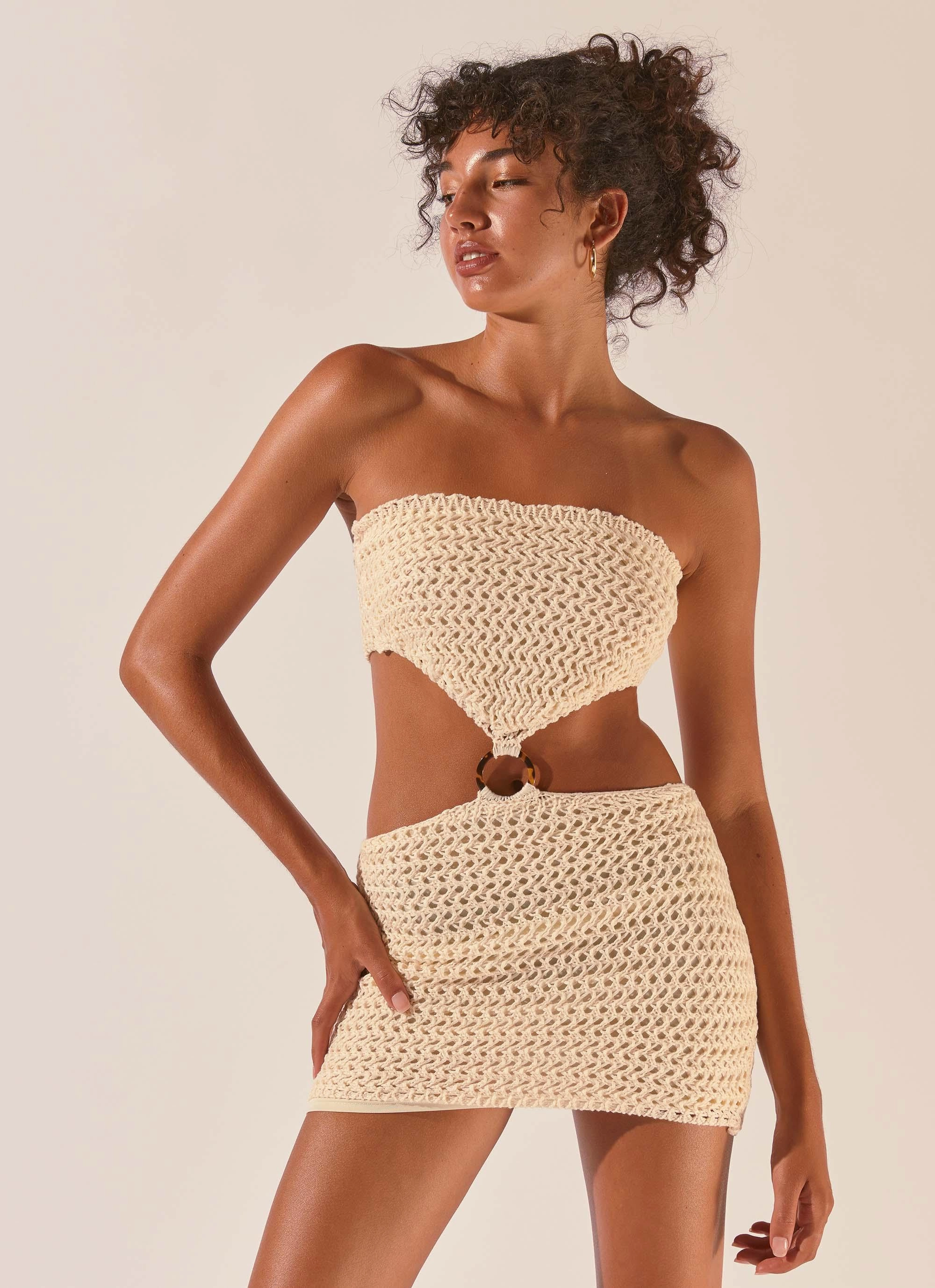 Quick Fit Work or Play Balmy Nights Crochet Mini Dress - Seashell