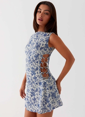 Grace Base All Season Style Indigo Bloom Linen Mini Dress - Blue Paisley