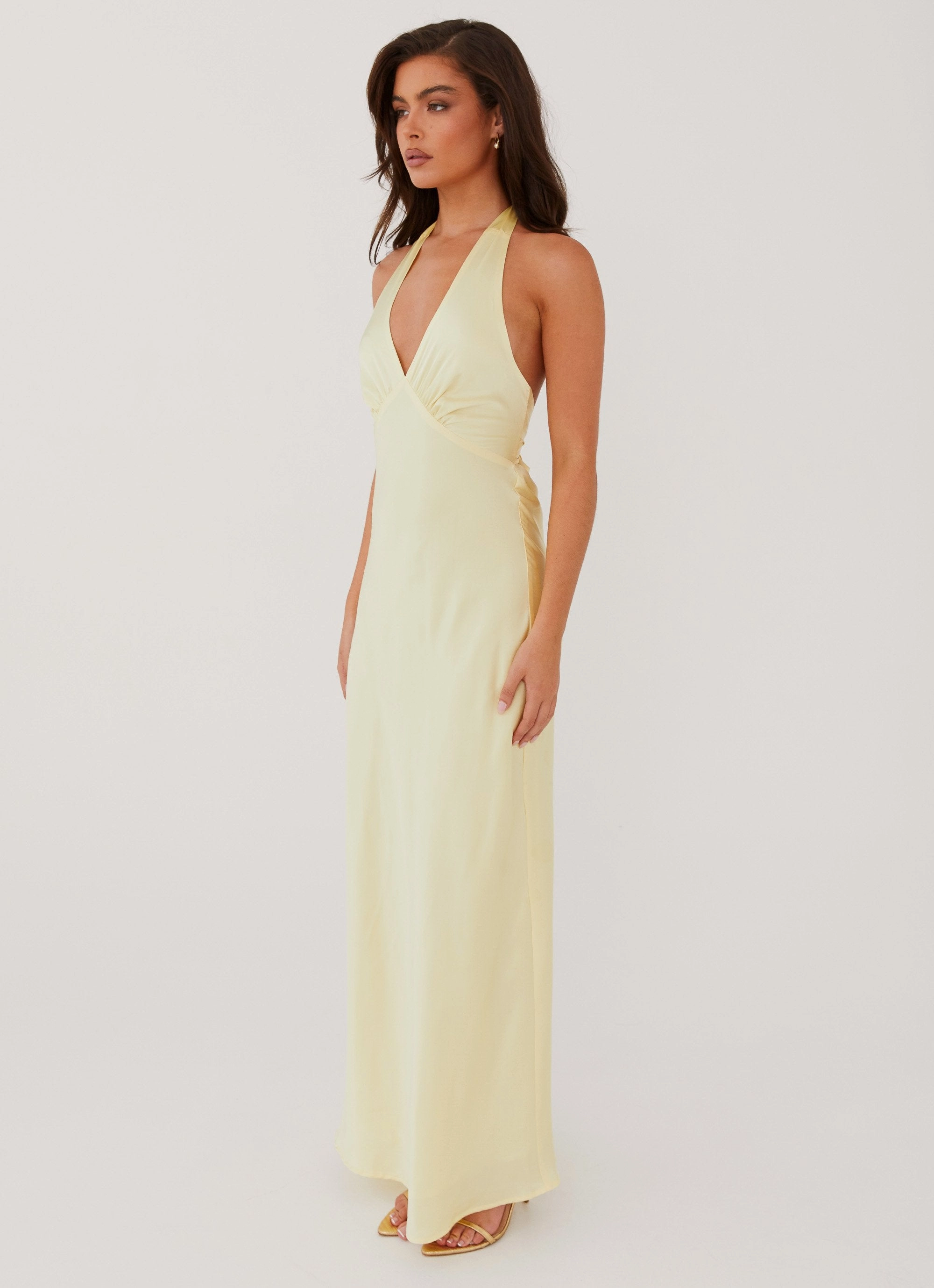 Tailored Style Casual Fit Heavy Hearted Satin Maxi Dress - Lemon