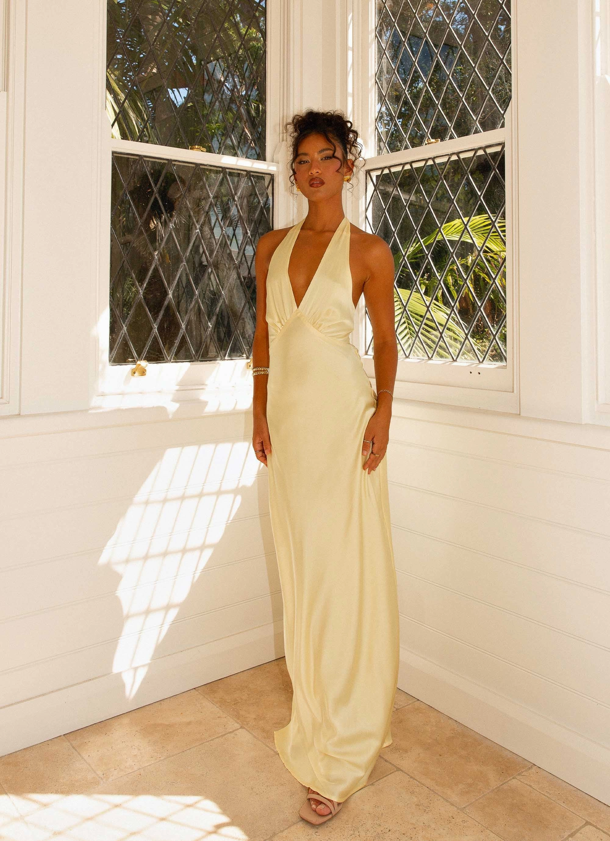 Heavy Hearted Satin Maxi Dress - Lemon Sophisticated Fit Chilly Weather Layer