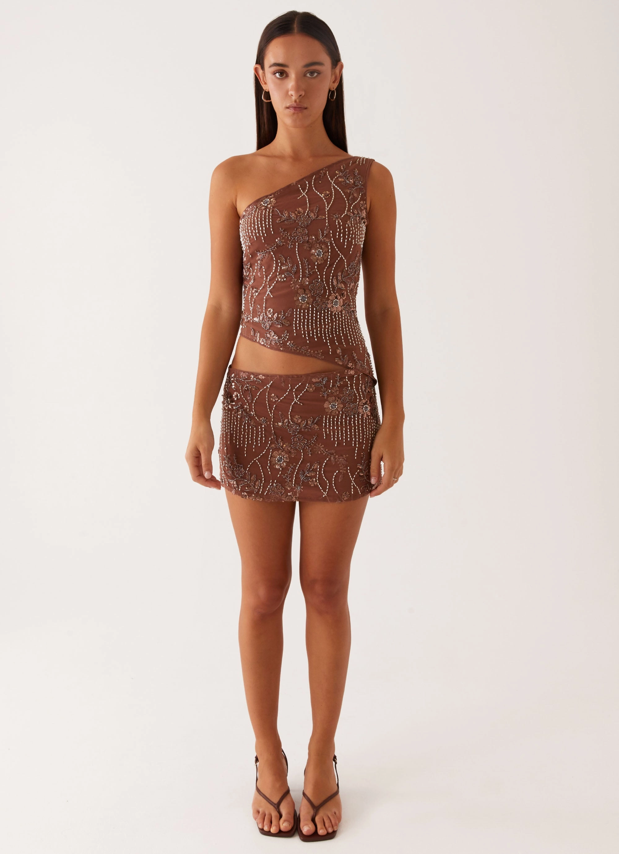 Influencer-Style Upgrade-Option Through The Night One Shoulder Mini Dress - Chocolate