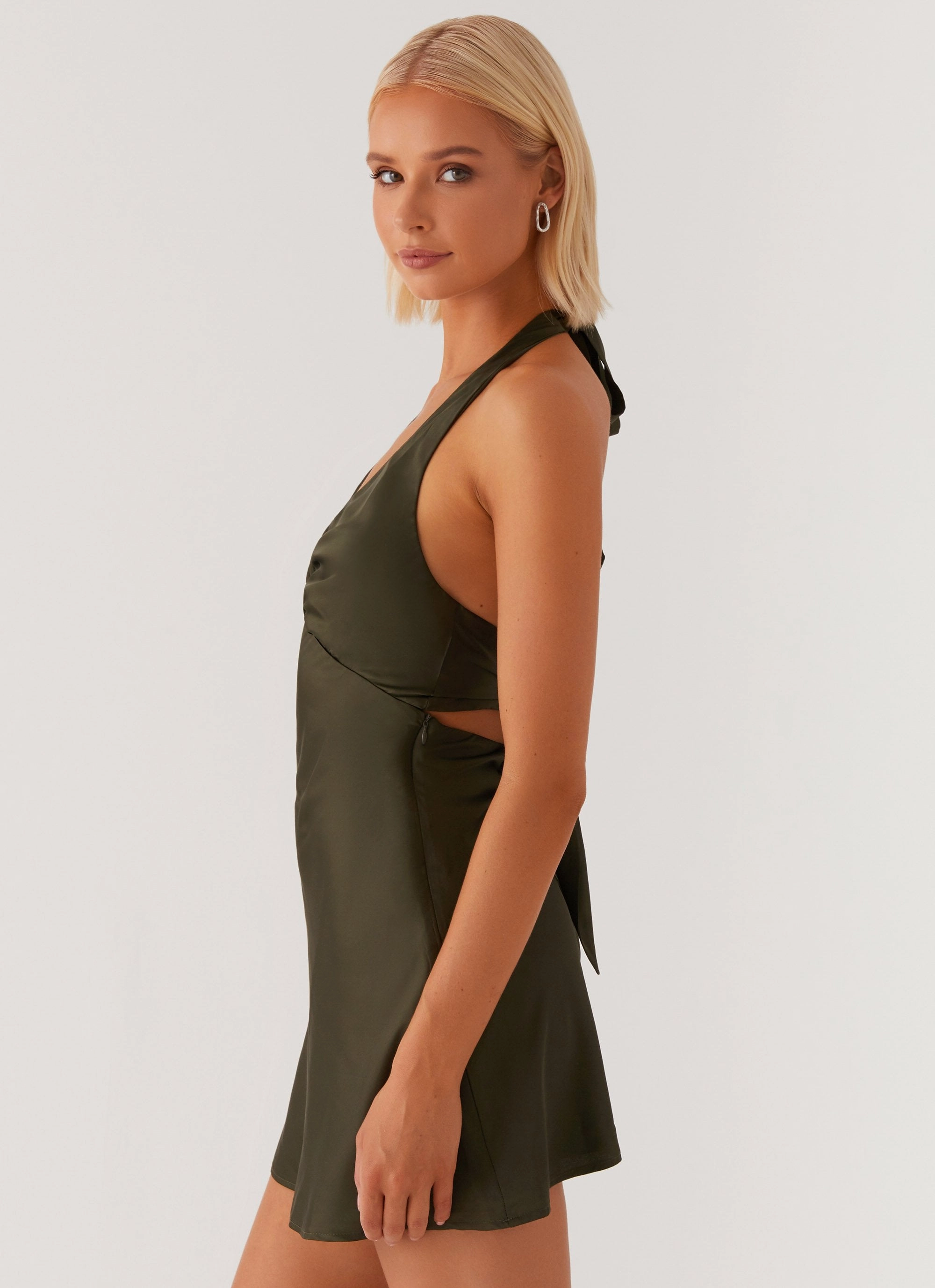 Square Neck Sleeveless Cut Heavy Hearted Mini Dress - Khaki